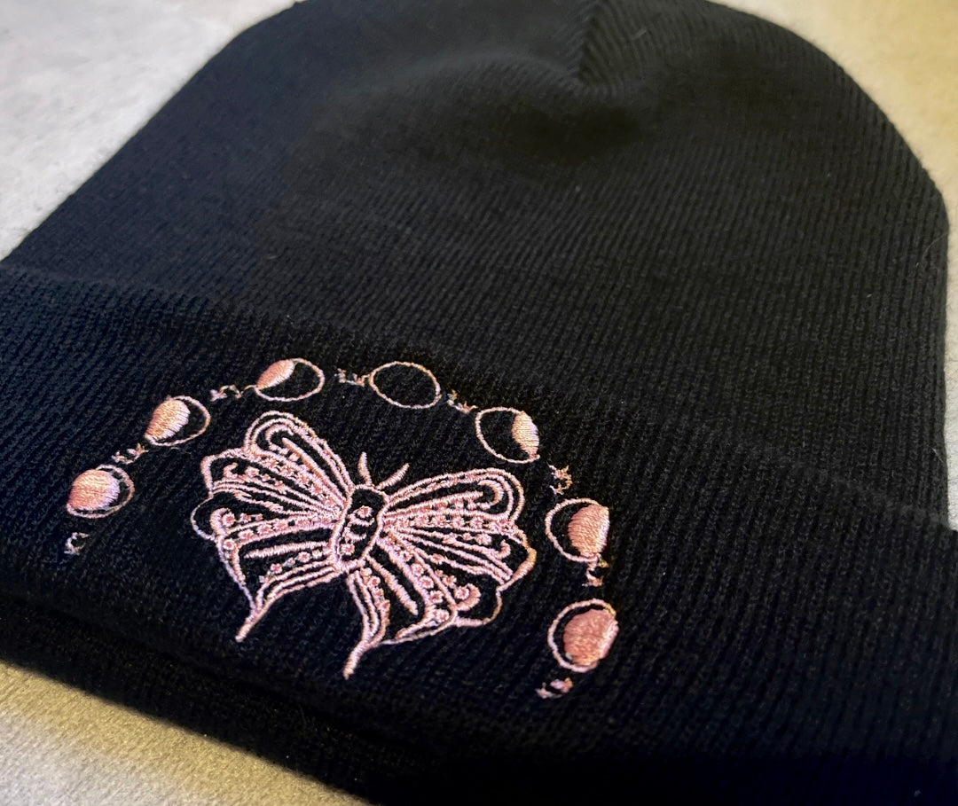 Moth & Phases Of The Moon Embroidered Black Beanie Hat