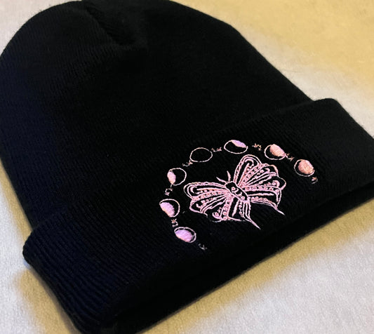 Moth & Phases Of The Moon Embroidered Black Beanie Hat