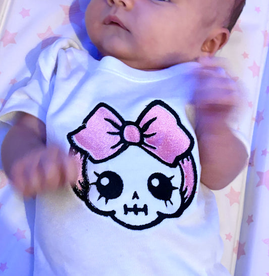 Cute Skull With Bow Embroidered Baby Grow
