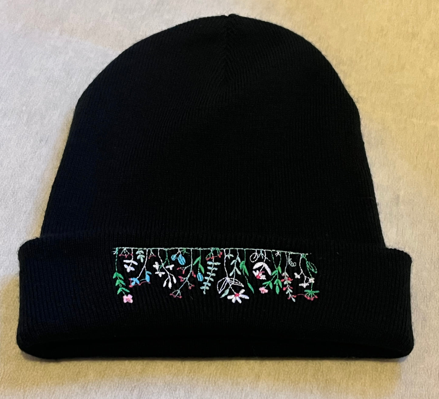 Wildflower Embroidered Black Beanie Hat