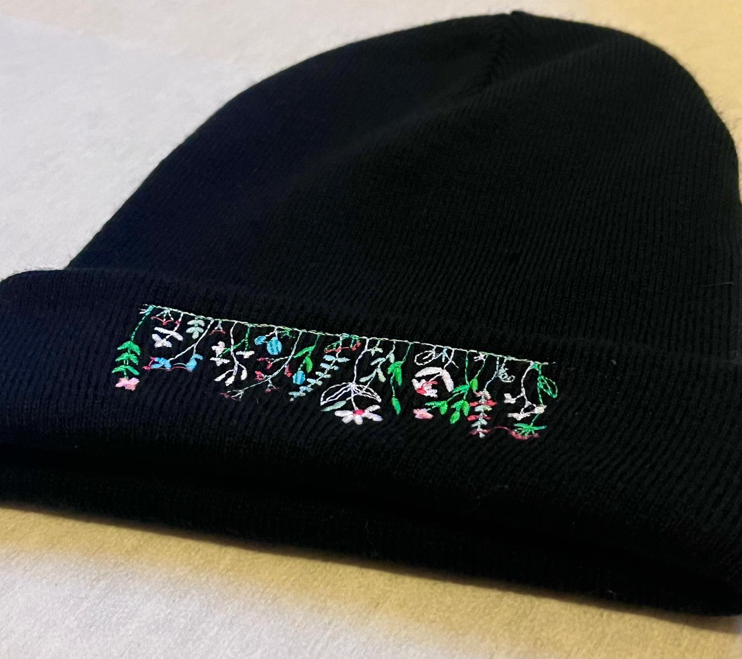 Wildflower Embroidered Black Beanie Hat