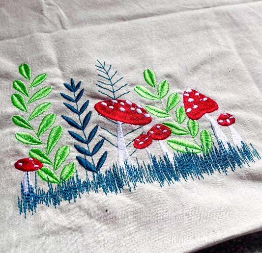 Mushrooms & Wildflowers Embroidered Cotton Shopper