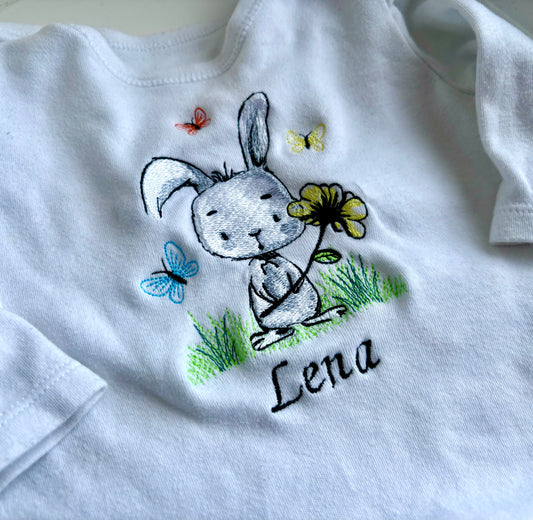 Rabbit & Butterflies Embroidered Baby Bodysuit