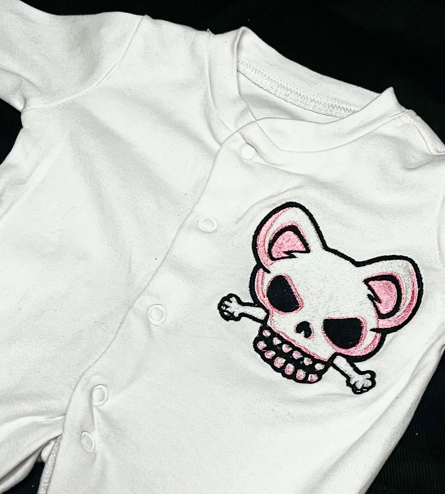 Cat Skull Embroidered Baby Button Up Sleepsuit
