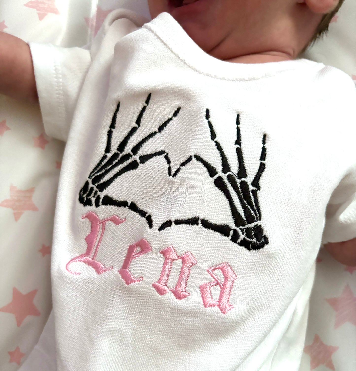 Personalised Embroidered Skeleton Heart Baby Grow