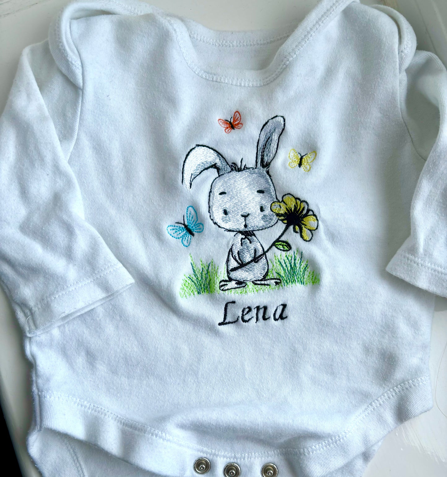 Rabbit & Butterflies Embroidered Baby Bodysuit