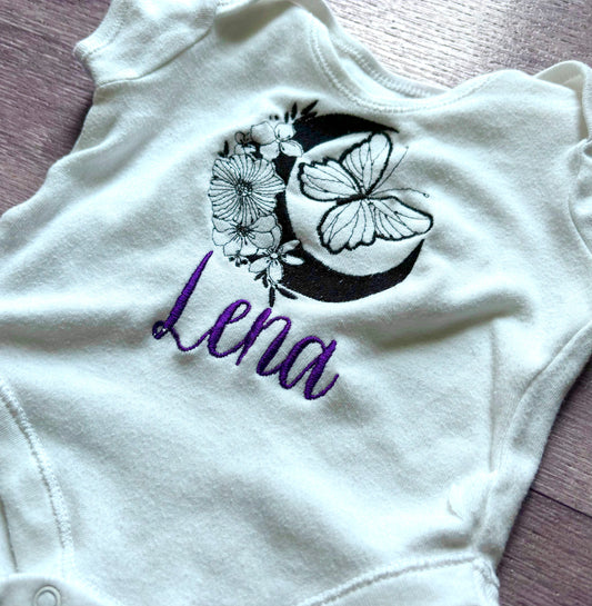 Butterfly & Moon Personalised Embroidered Baby Grow