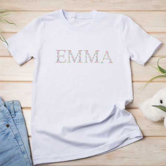 Kids Floral Letter Name Embroidered Tshirt