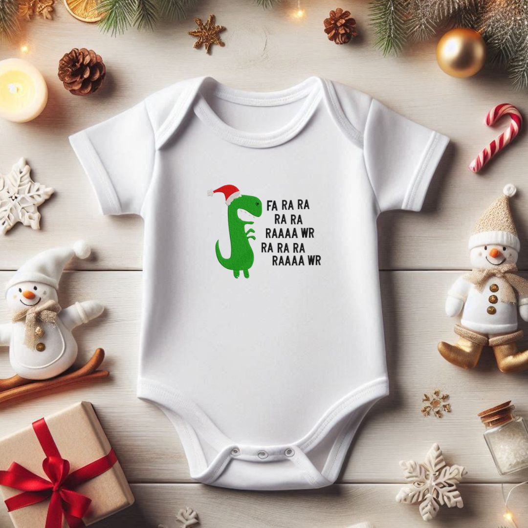 Christmas Dinosaur Embroidered Baby Grow