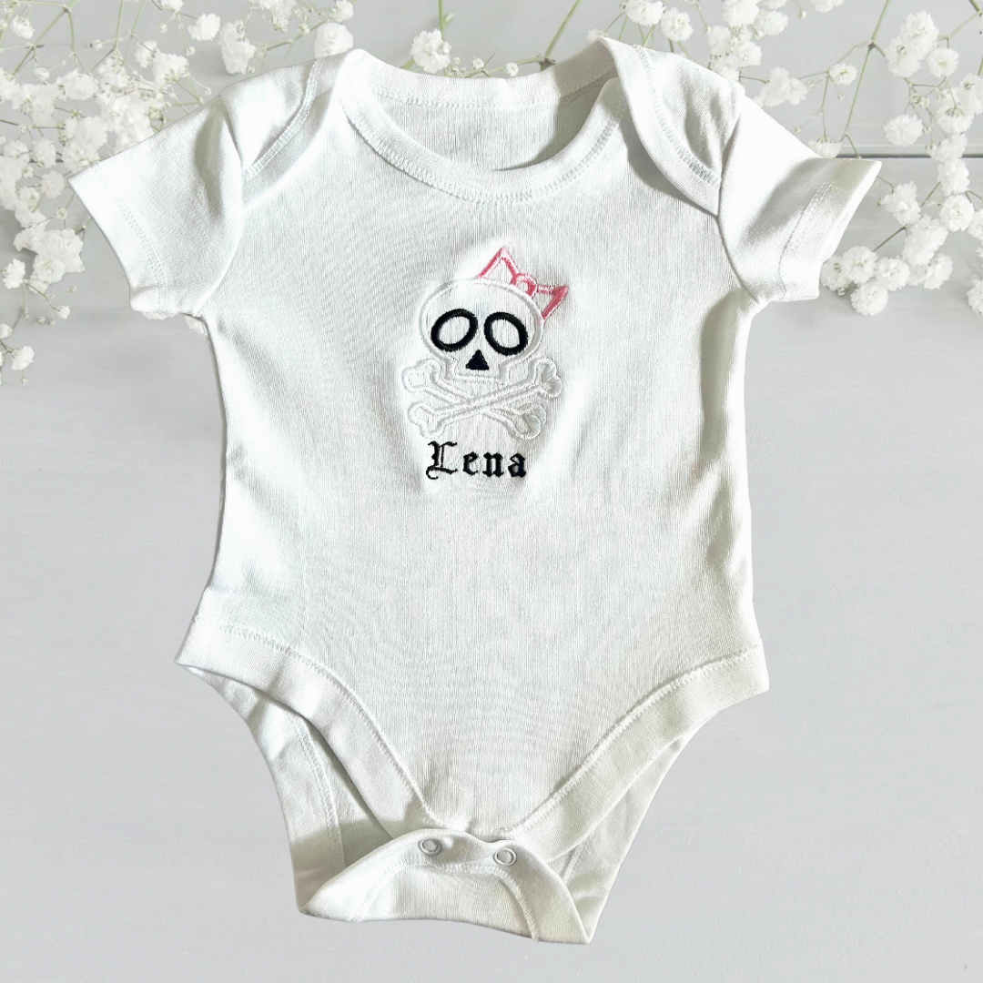 Personalised Skull Bow Embroidered Baby Grow