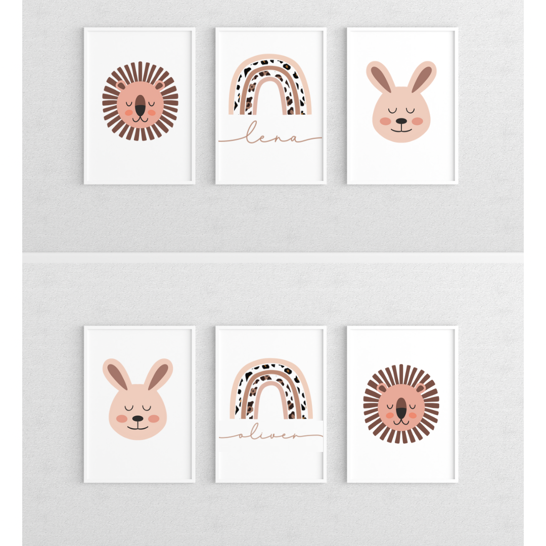 Set of 3 Personalised Neutral Animal Nursery Prints
