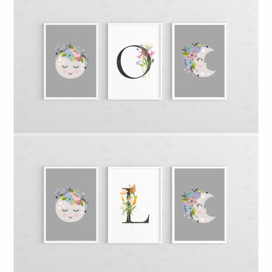 Set of 3 Letter Grey Moon Nursery Prints