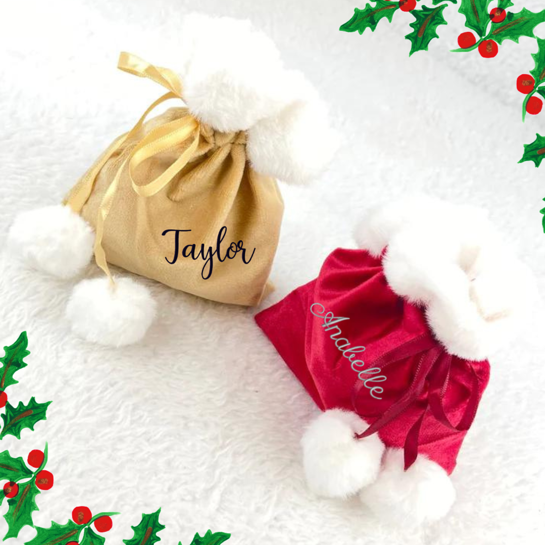 Embroidered Personalised Velvet Christmas Pouches