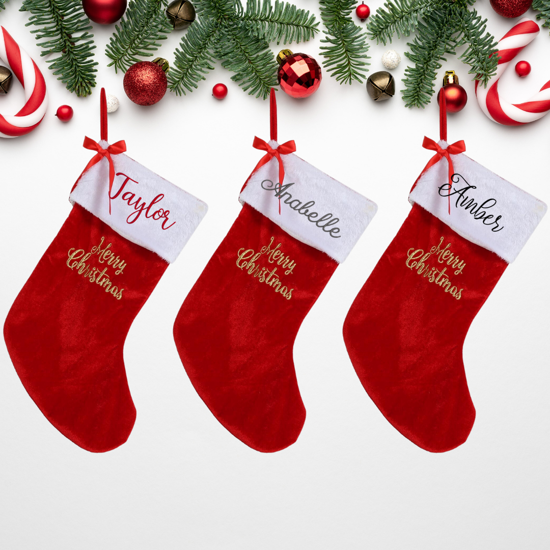 Embroidered Red Plush Bow Christmas Stockings