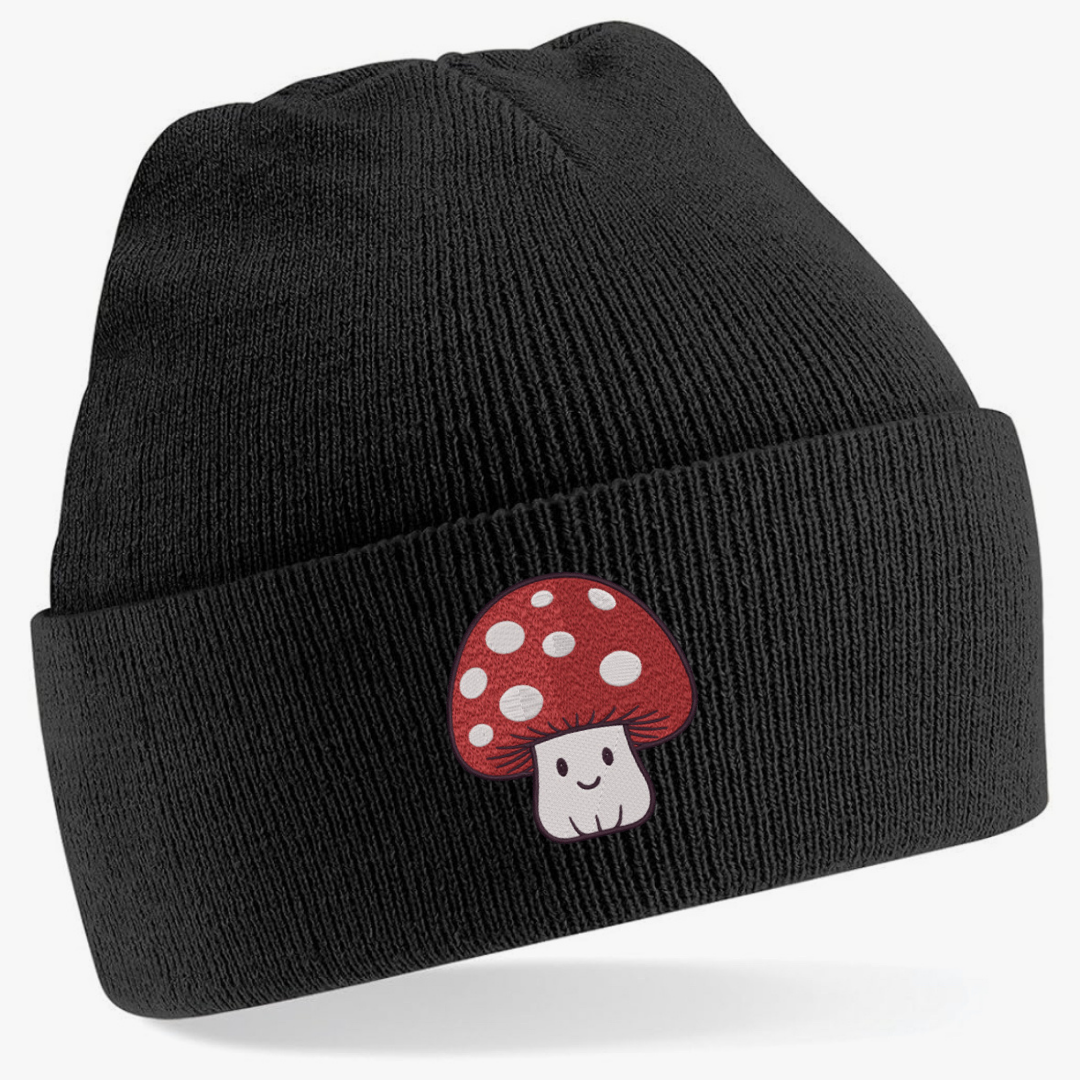 Cute Mushroom Embroidered Cuffed Beanie Hat