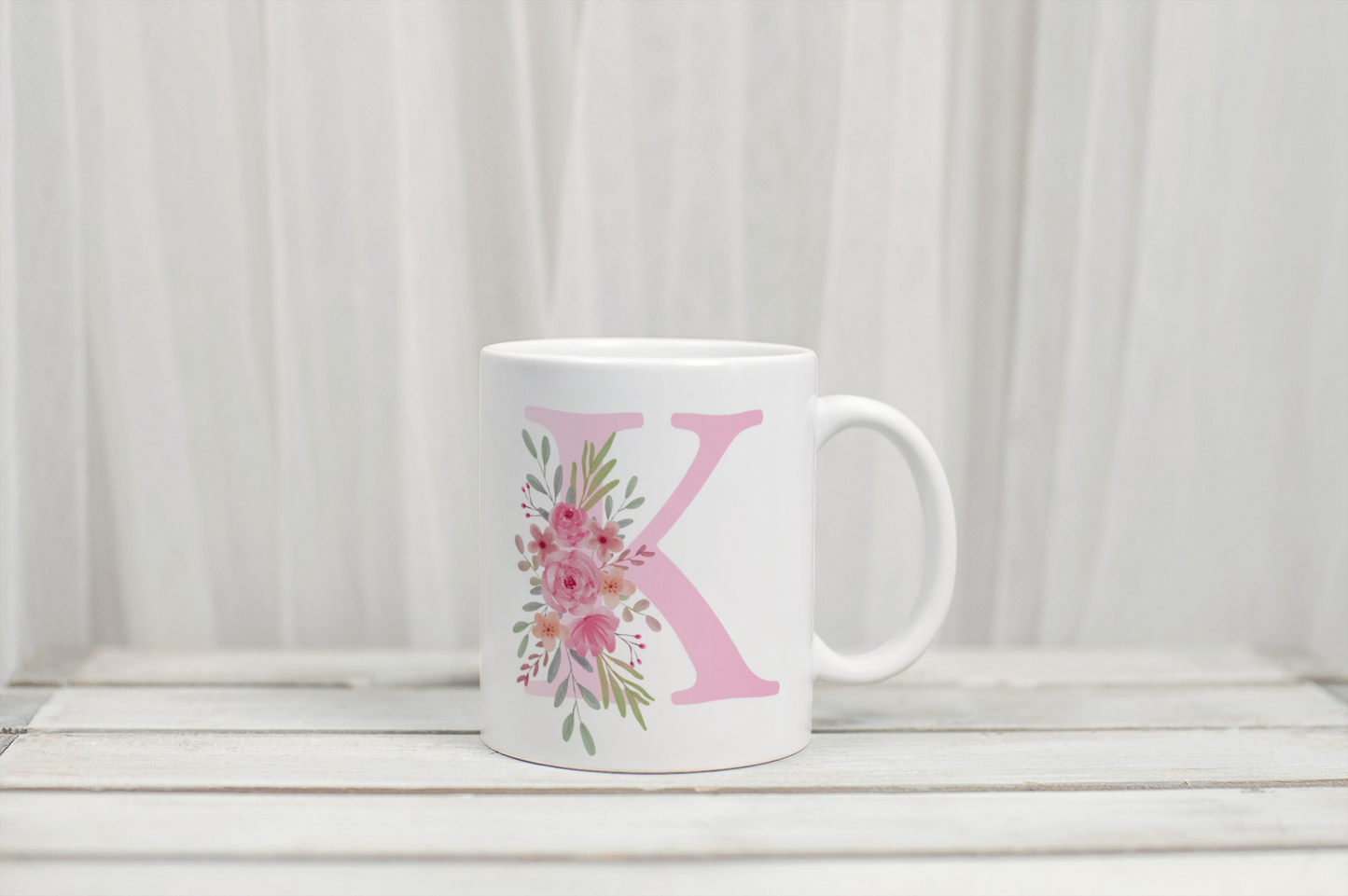 Personalised Pink Floral Initial Mug