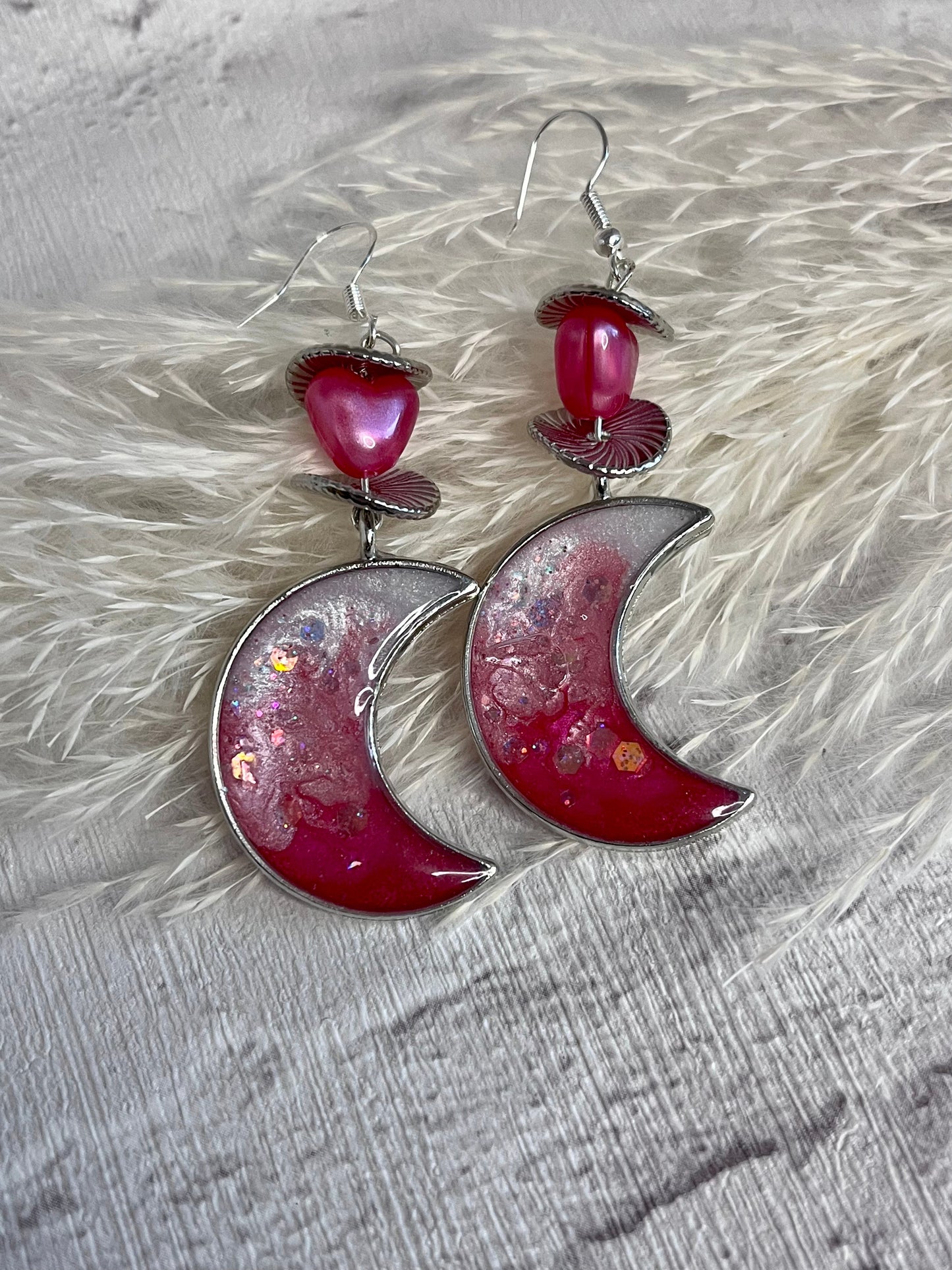 Handmade Pink Sparkle Moon Resin Dangle Drop Earrings