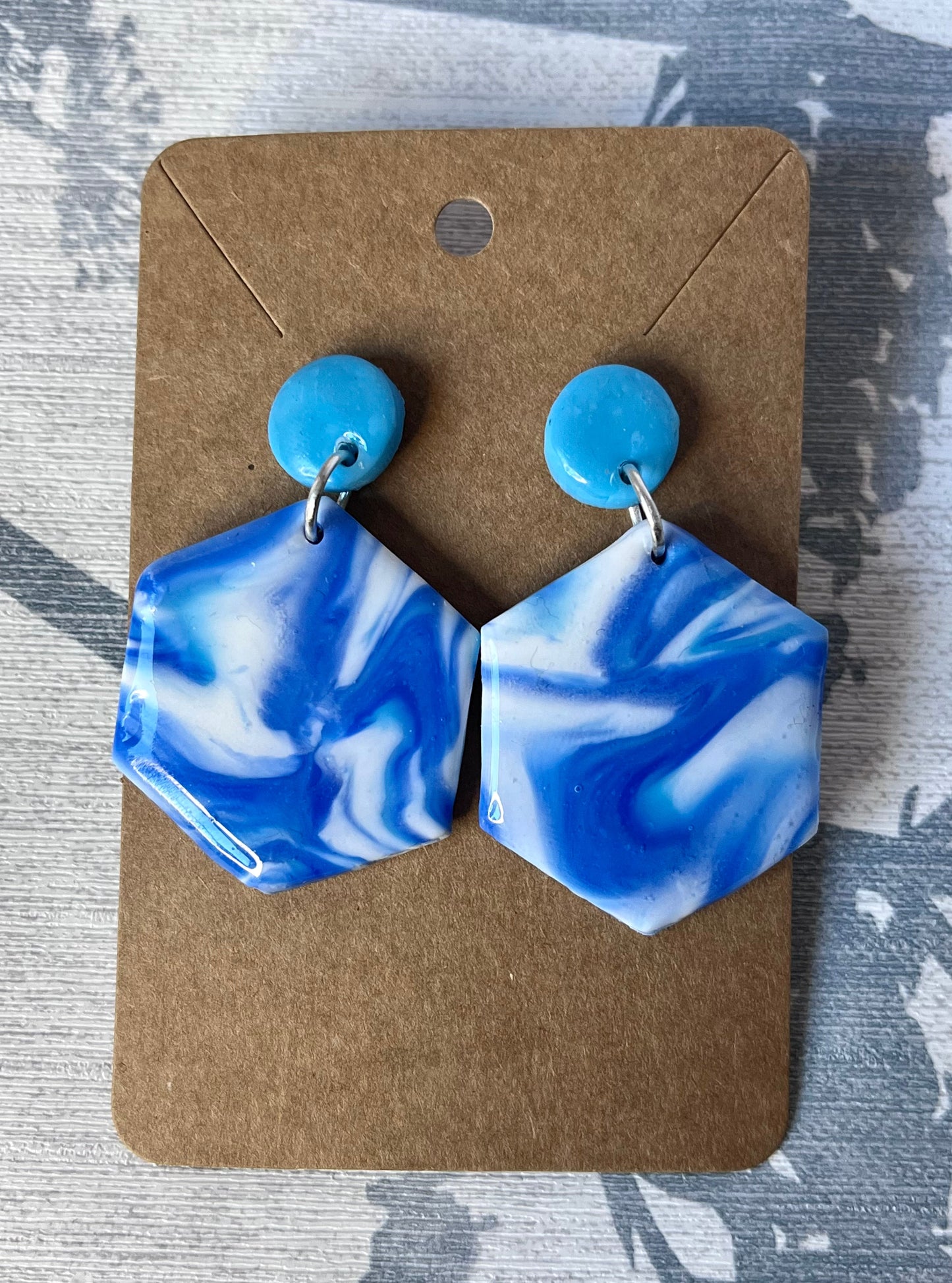 Handmade Polymer Clay Blue Marble Pattern Hexagon Dangle Drop Stud Earrings
