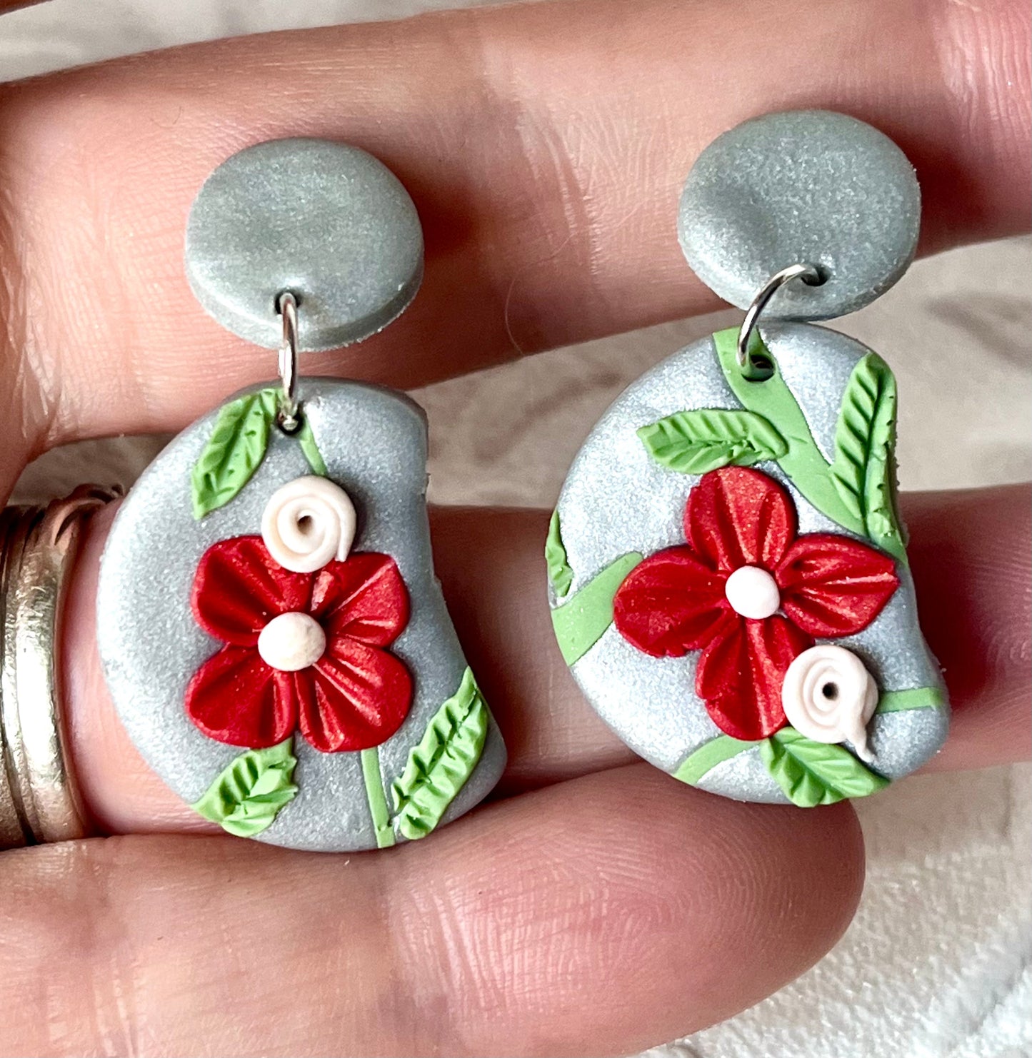 Silver Polymer Clay Stud Earrings With Red Flowers