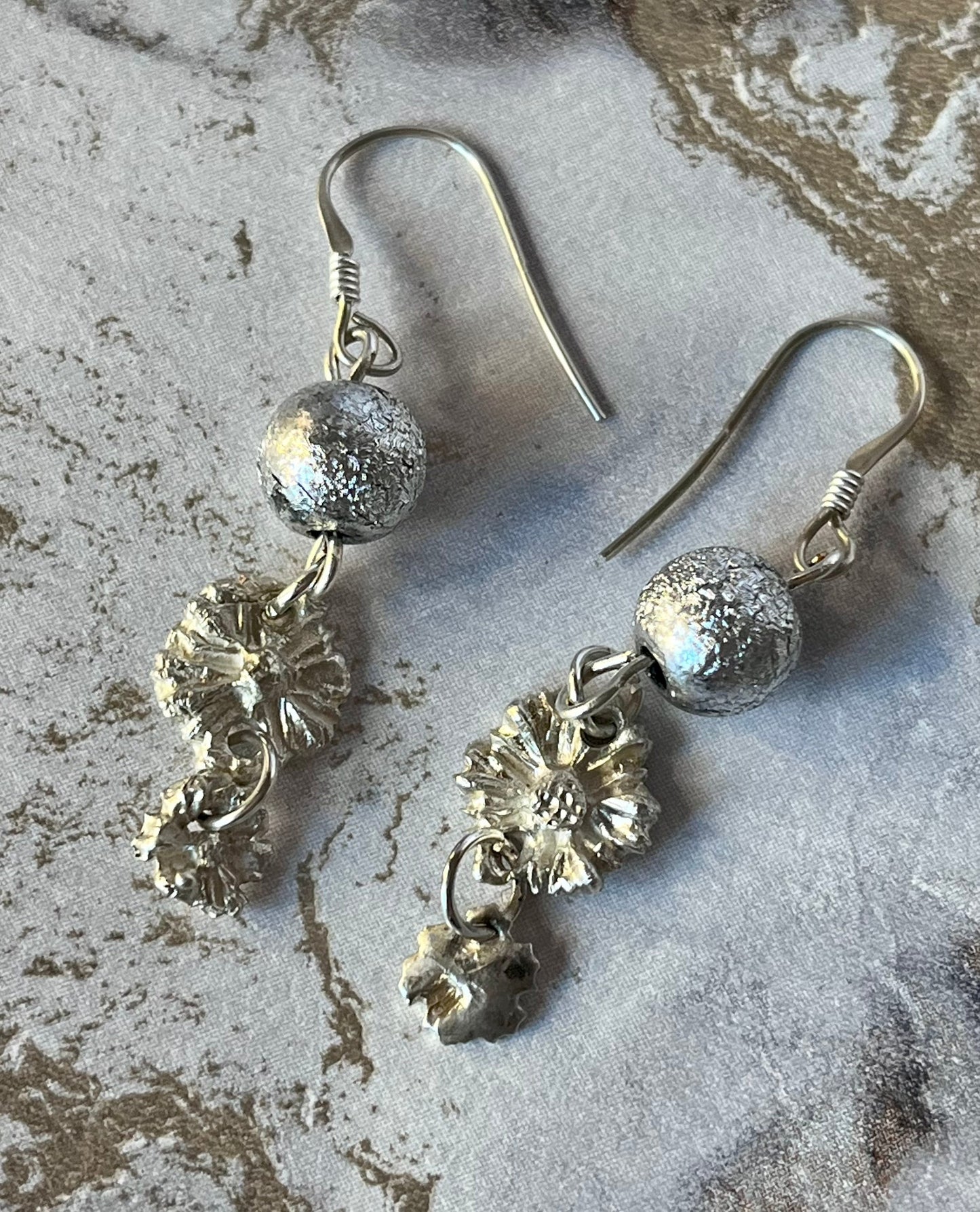 Handmade Sterling Silver Flower Dangle Drop Earrings