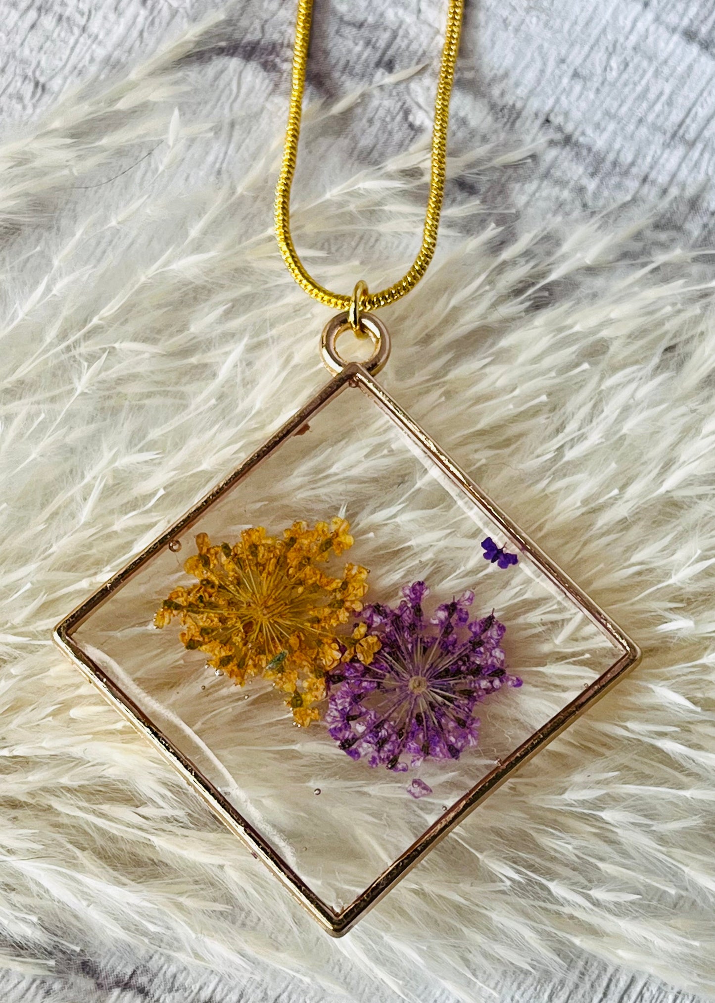 Handmade Real Dried Pressed Flower Gold Pendant Necklace