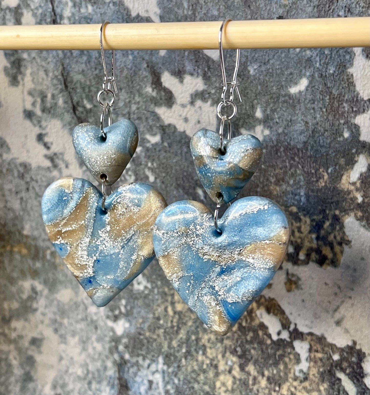 Blue & Gold Marble Pattern Heart Polymer Clay Earrings