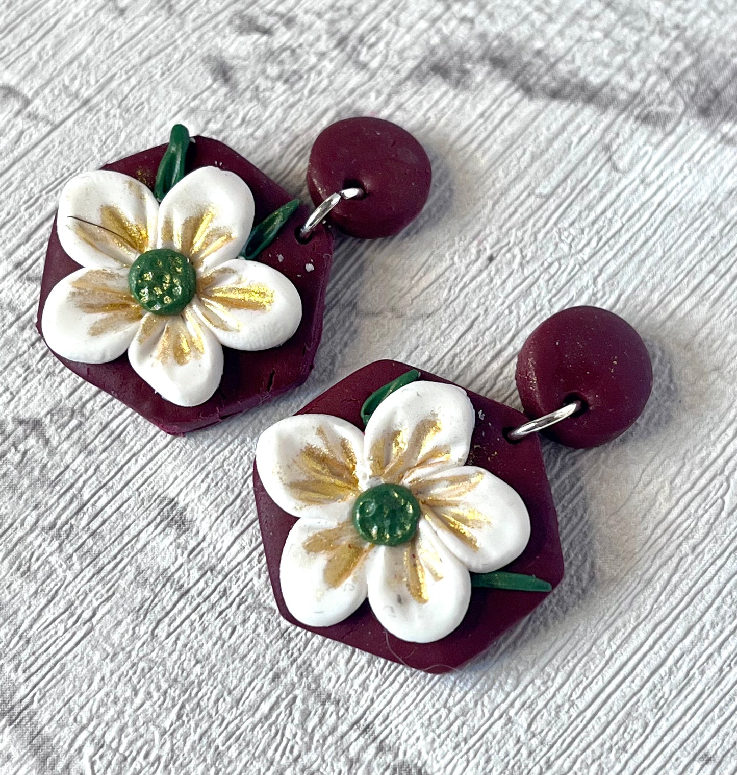Handmade Burgundy Polymer Clay Floral Stud Earrings