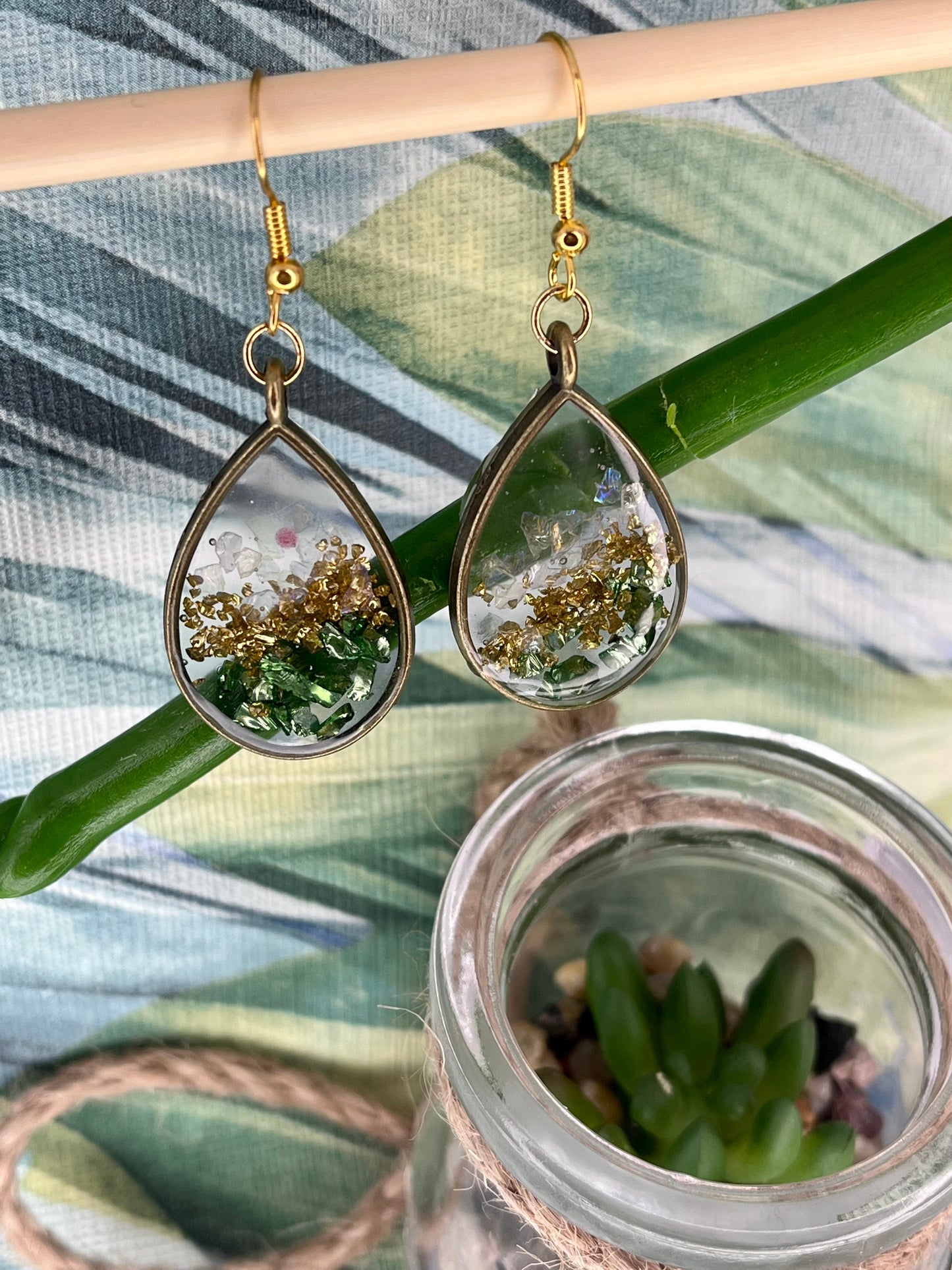 Handmade Green, Gold & White Jewelled Stone Oval Teardrop Resin Earrings