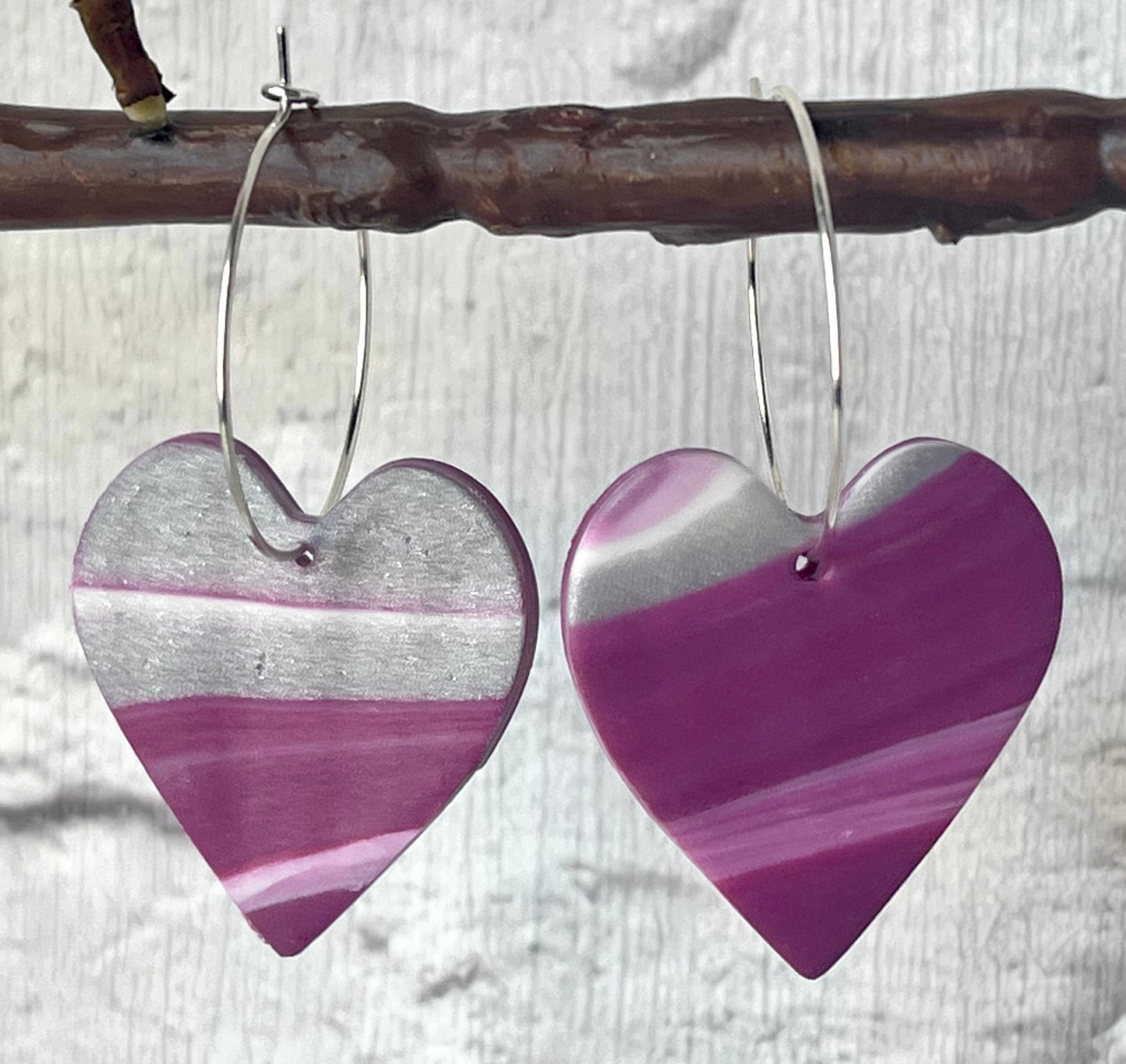 Purple & Silver Stripe Heart Hoop Earrings