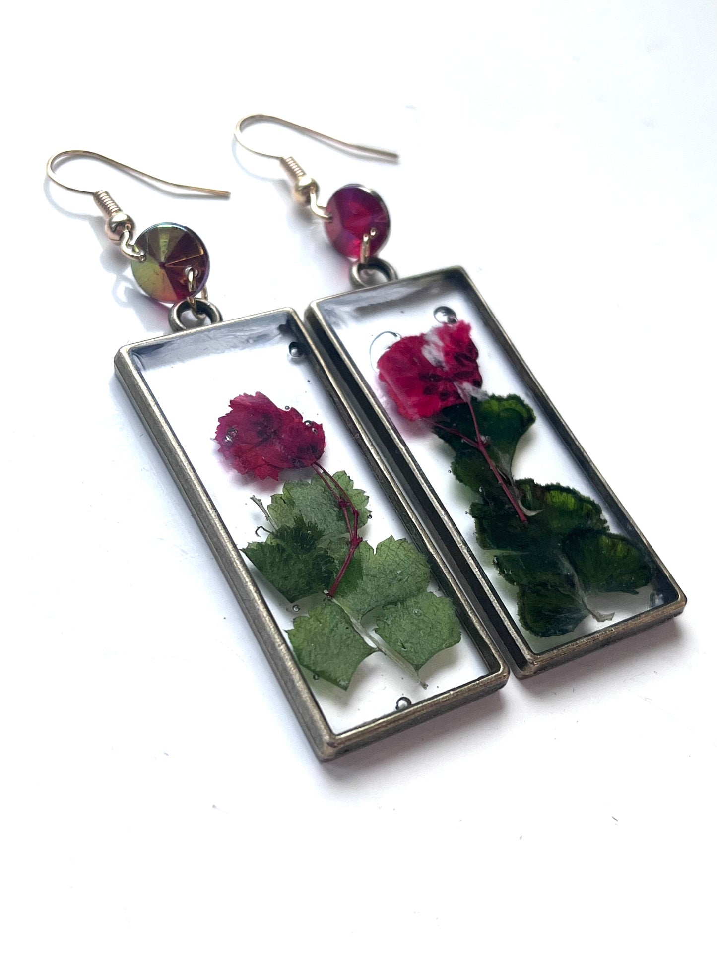 Handmade Red Flower & Green Leaf Resin Earrings