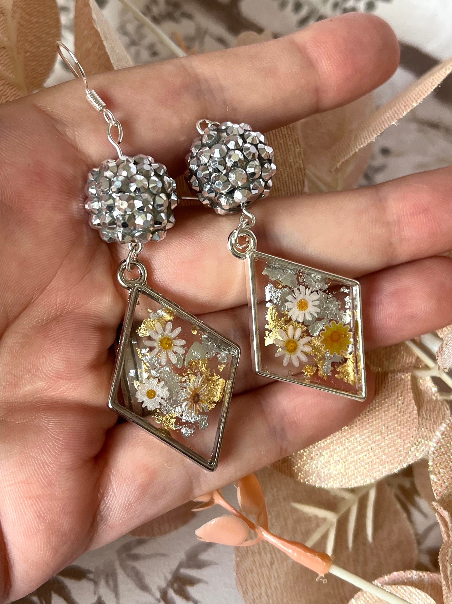 Handmade Silver Diamond Flower Earrings