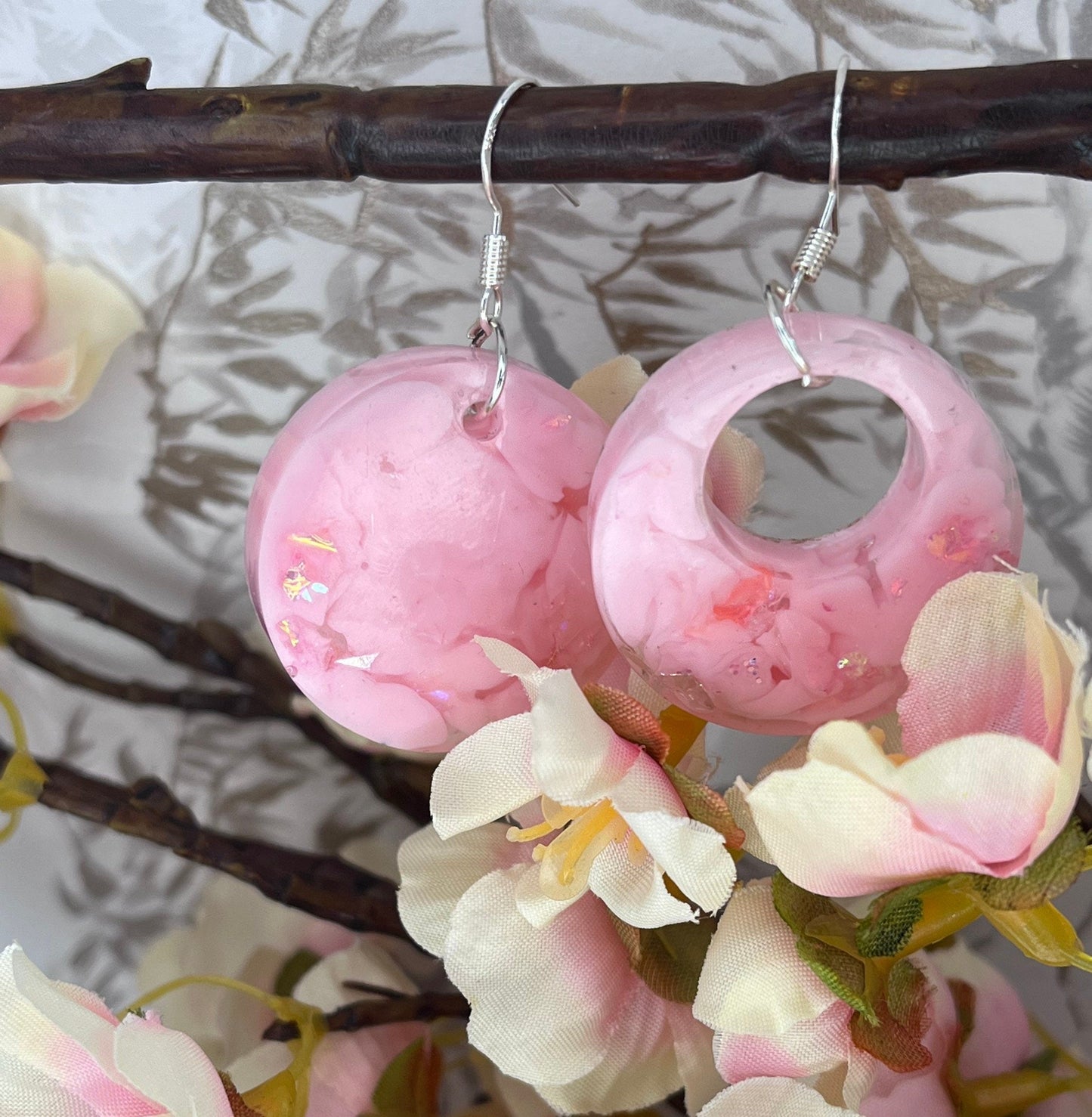 Handmade ‘Candy Floss’ Pink Round Dangle Drop Resin Earrings
