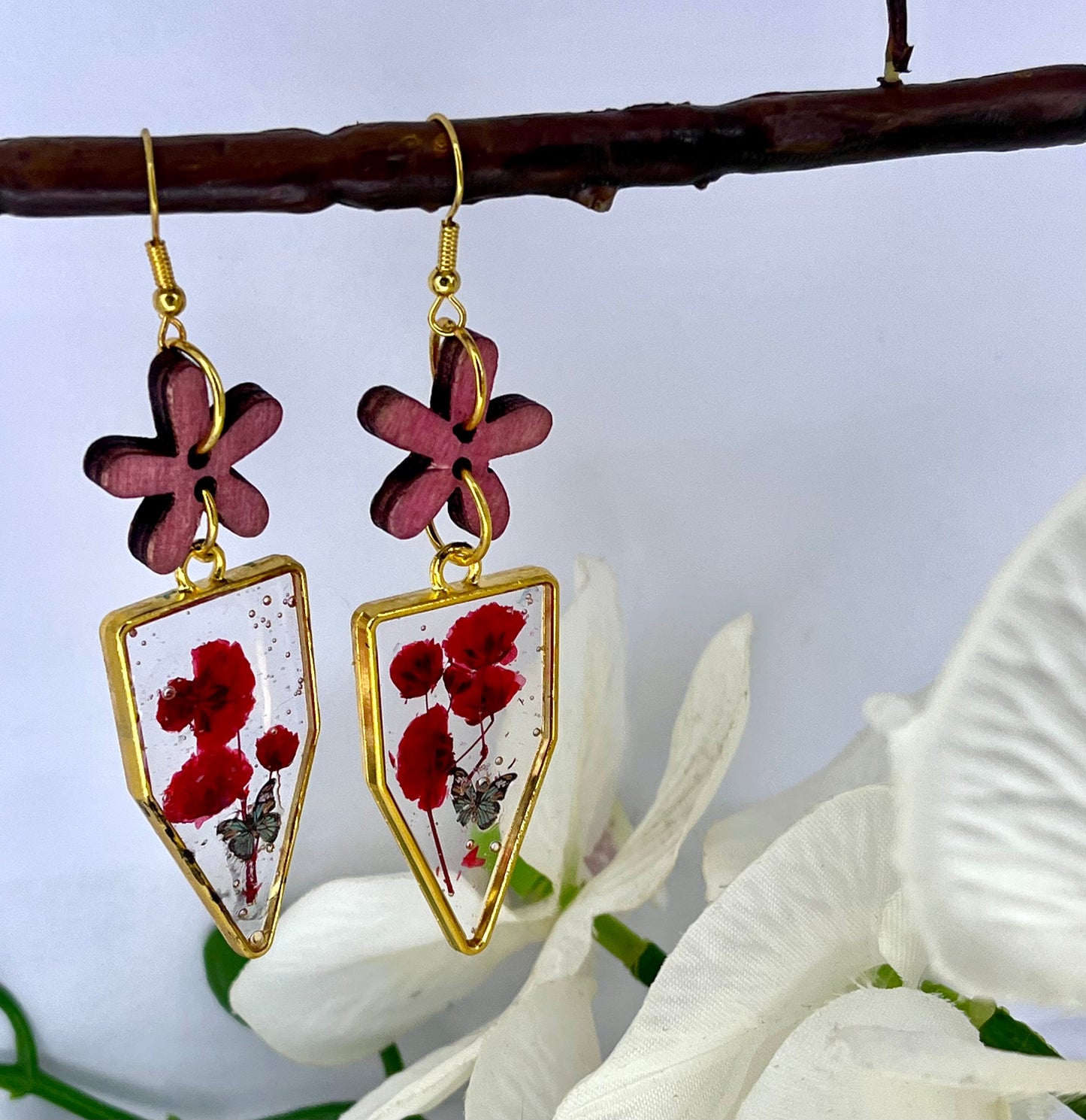 Handmade Red Flower Resin Dangle Drop Earrings