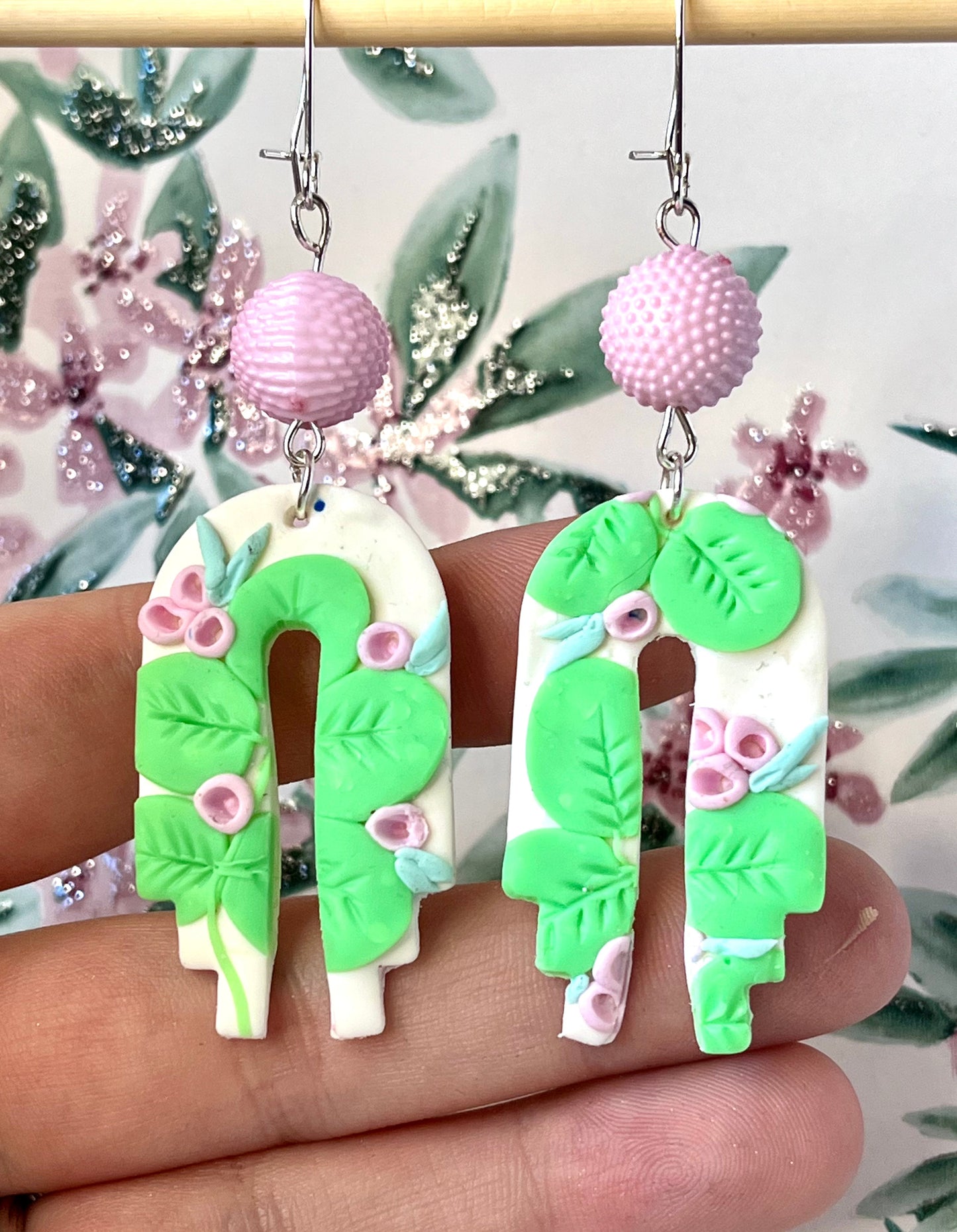 Handmade Pink & Green Flower Pattern Polymer Clay Earrings