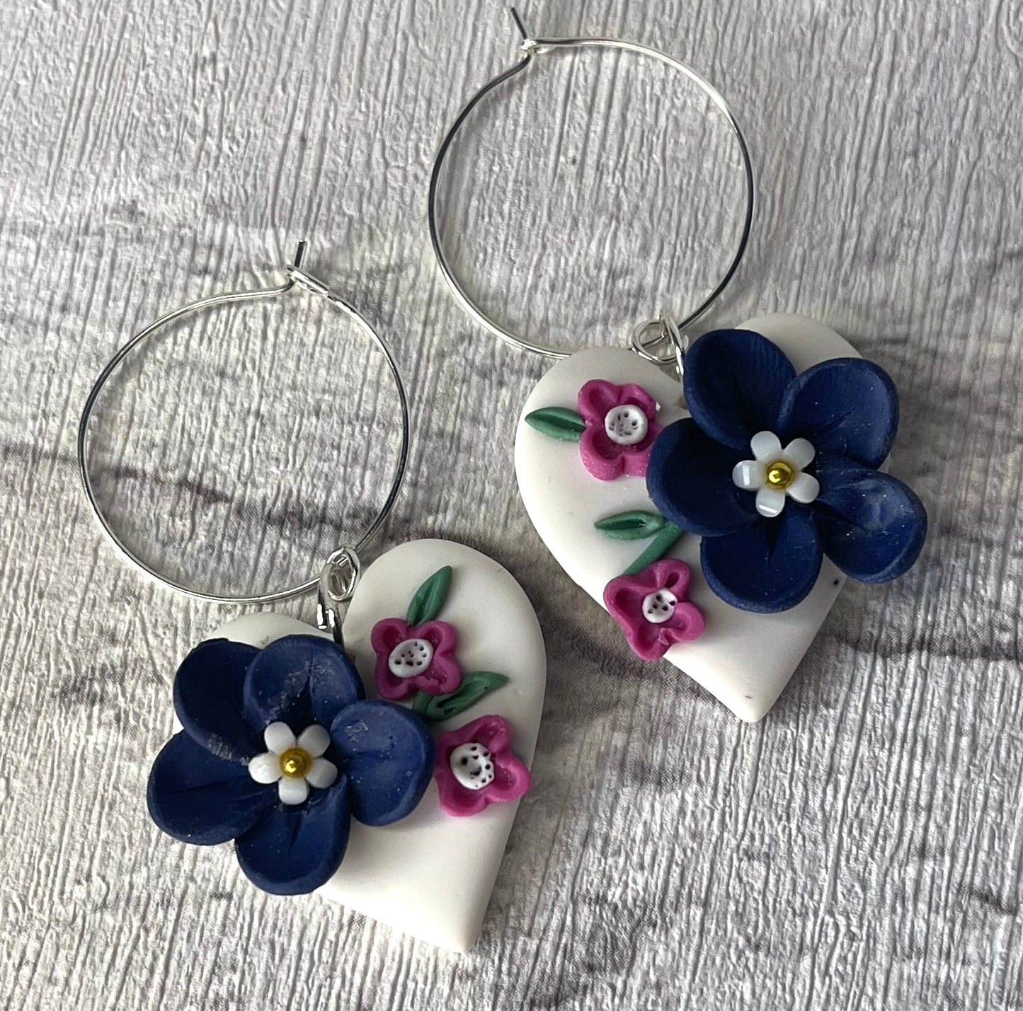 White Heart Polymer Clay Hoop Earrings with Flowers
