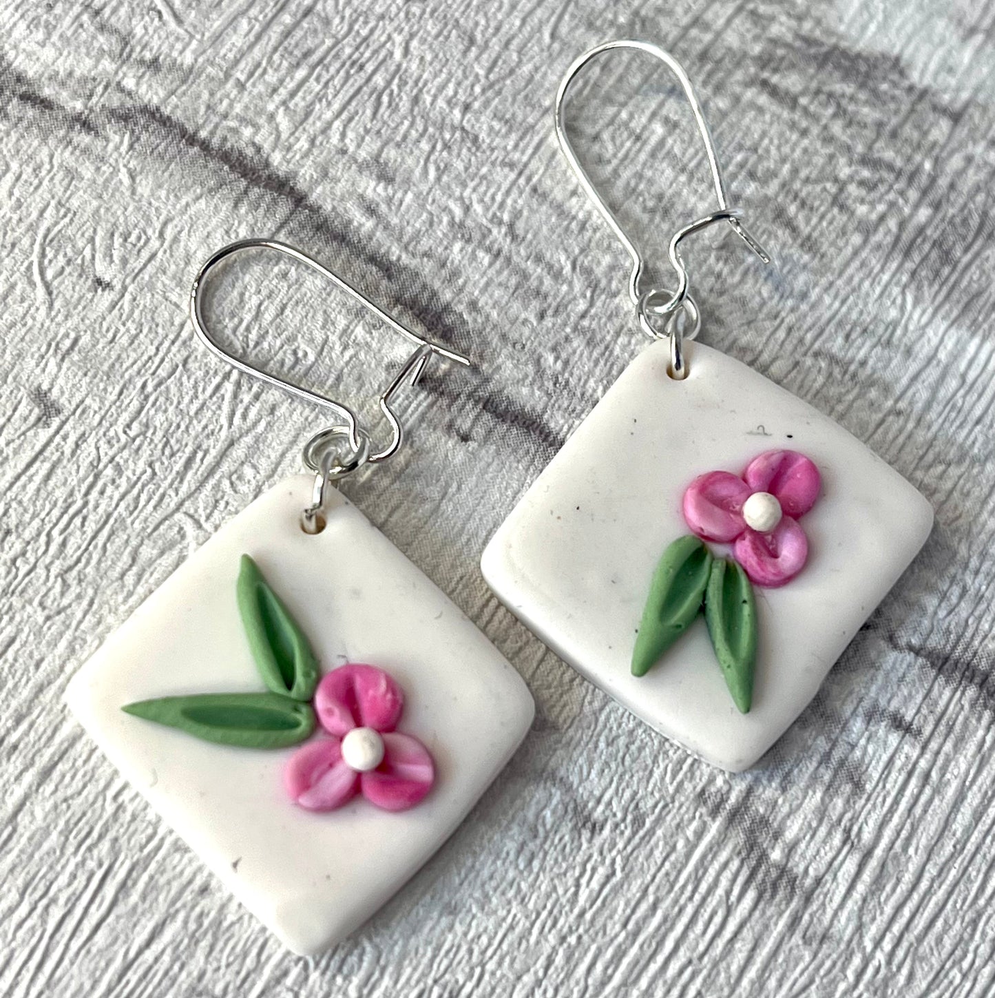 Handmade White Diamond Earrings with Blue & Pink Flowers