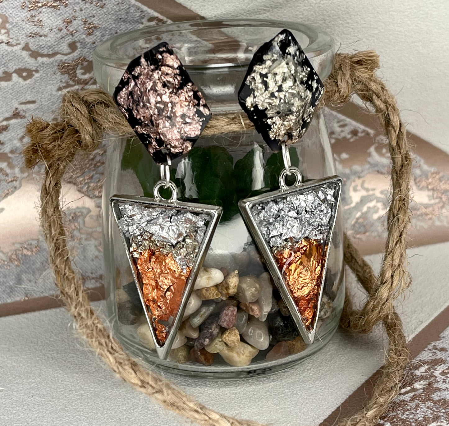 Handmade Triangle Silver & Rose Gold Stud Earrings