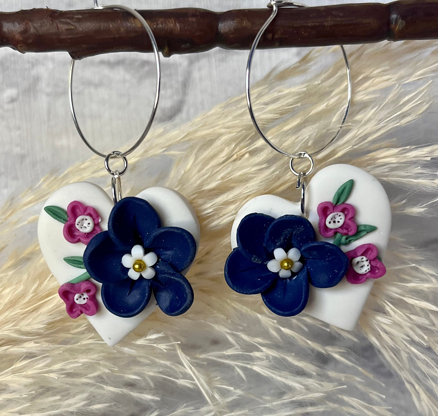 White Heart Polymer Clay Hoop Earrings with Flowers