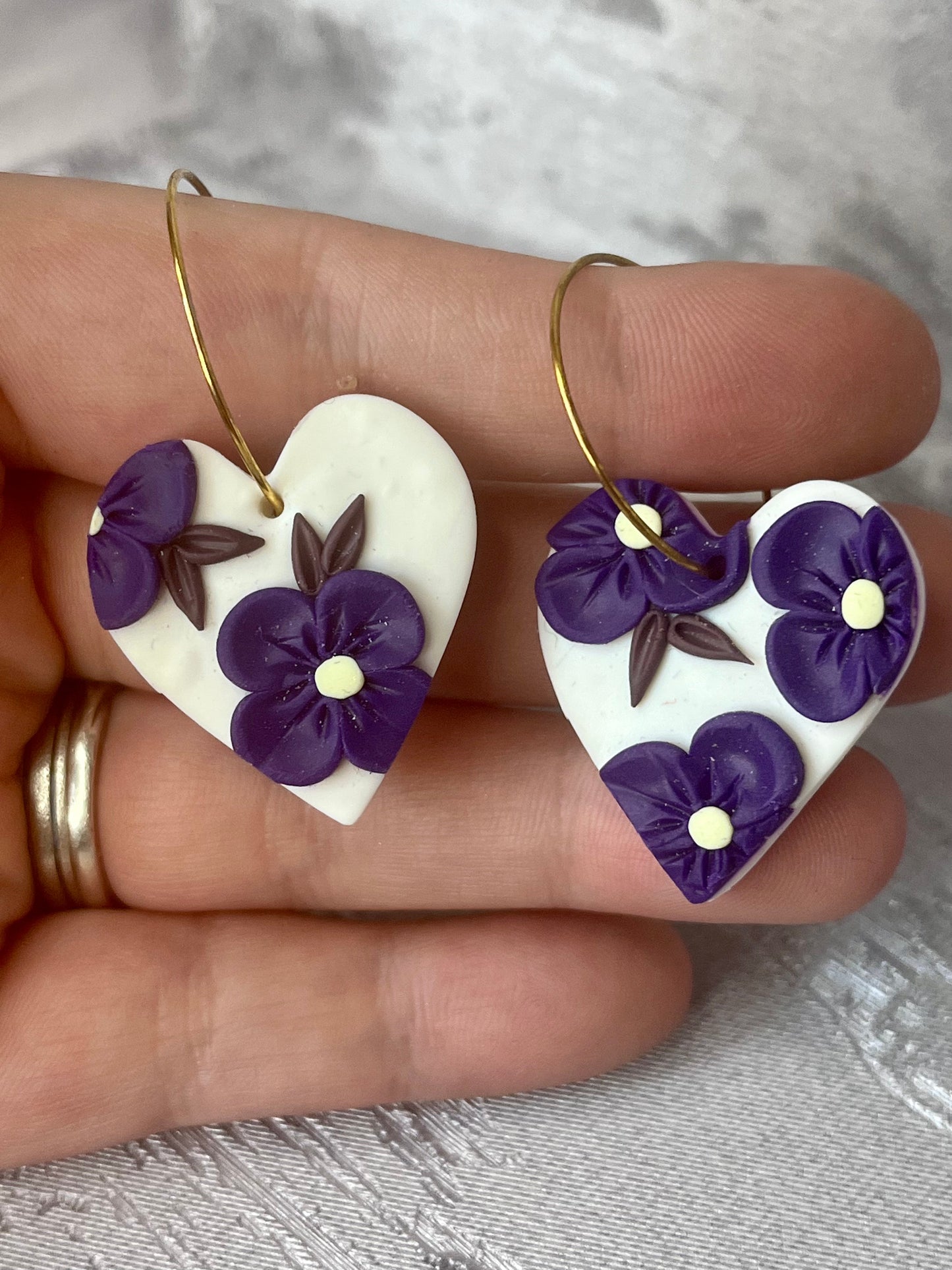 White Heart Purple Flower Polymer Clay Hoop Earrings