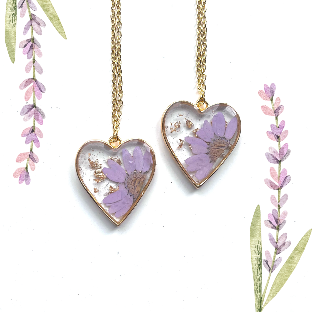 Handmade Purple Flower Heart Resin Pendant Necklace