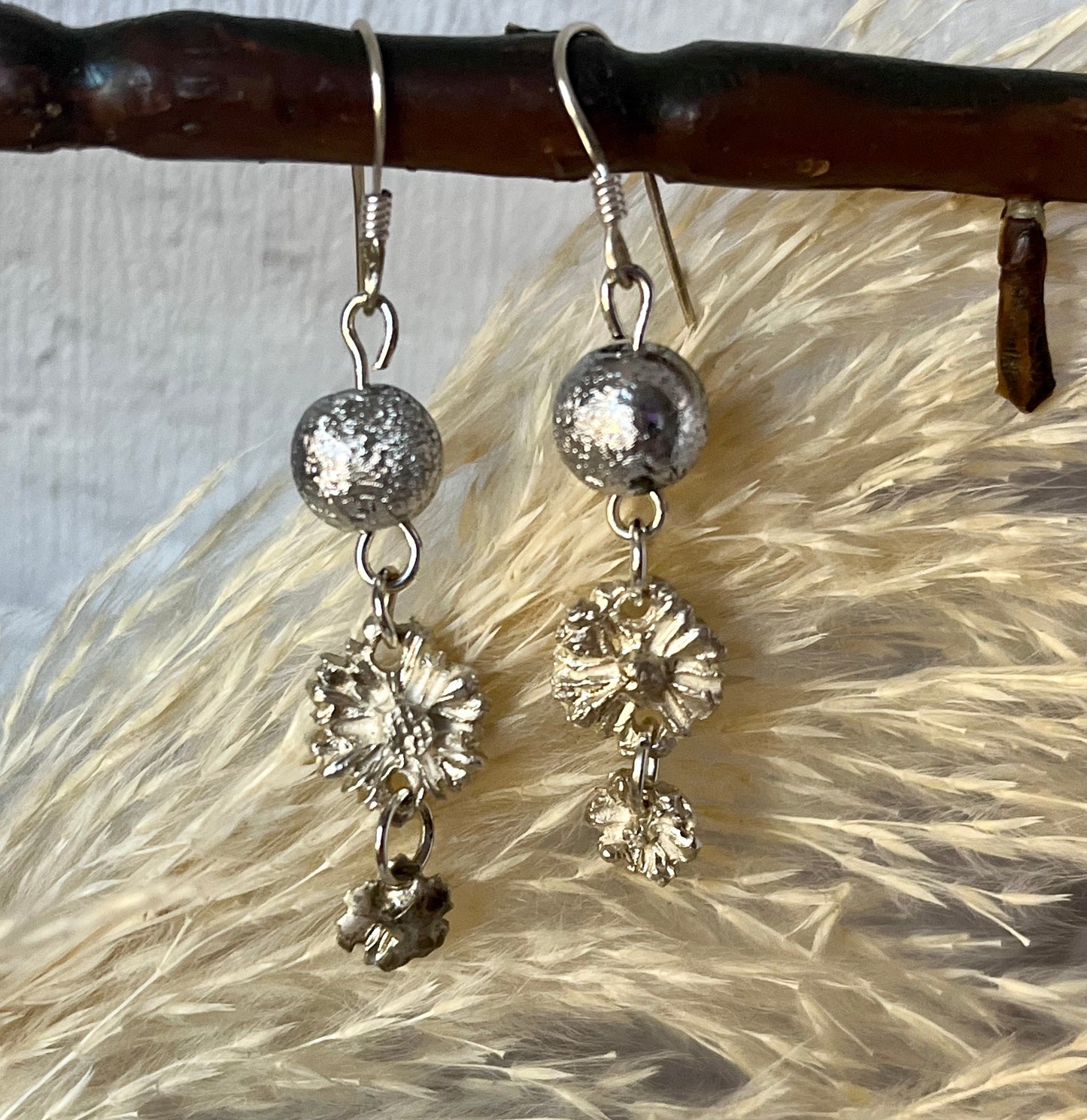 Handmade Sterling Silver Flower Dangle Drop Earrings