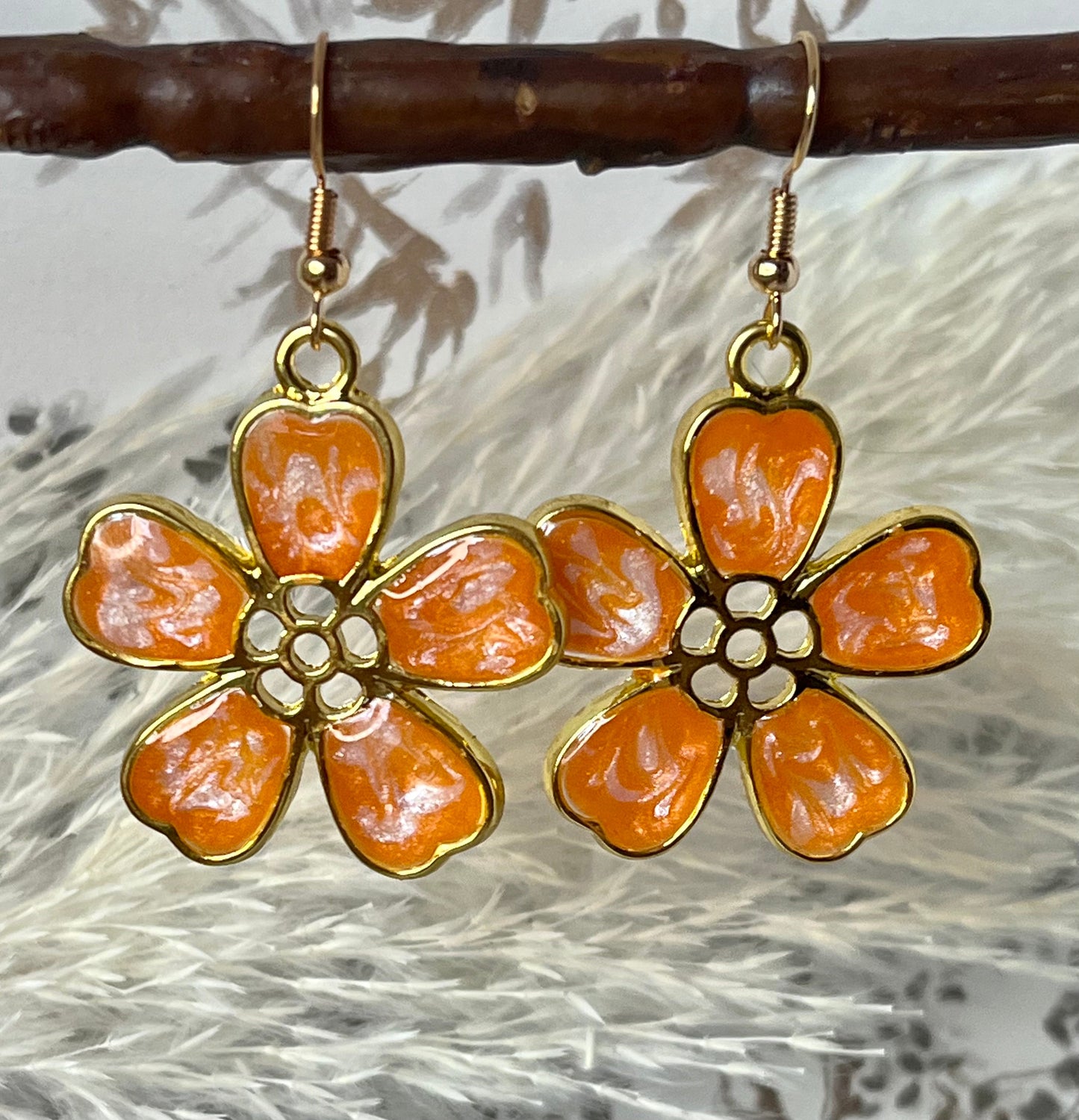 Handmade Gold Flower Dangle Drop Earrings