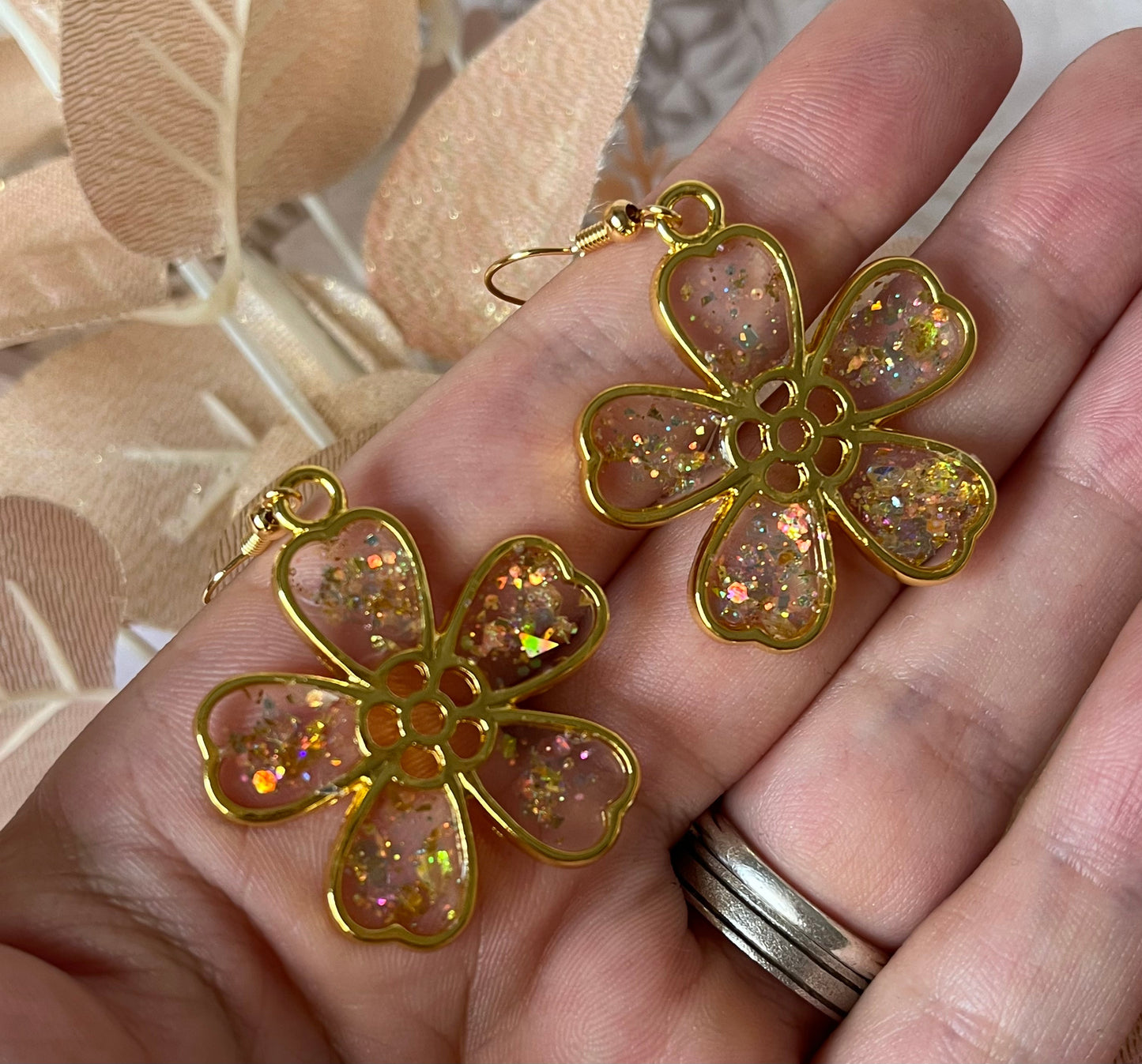 Handmade Gold Flower Dangle Drop Earrings