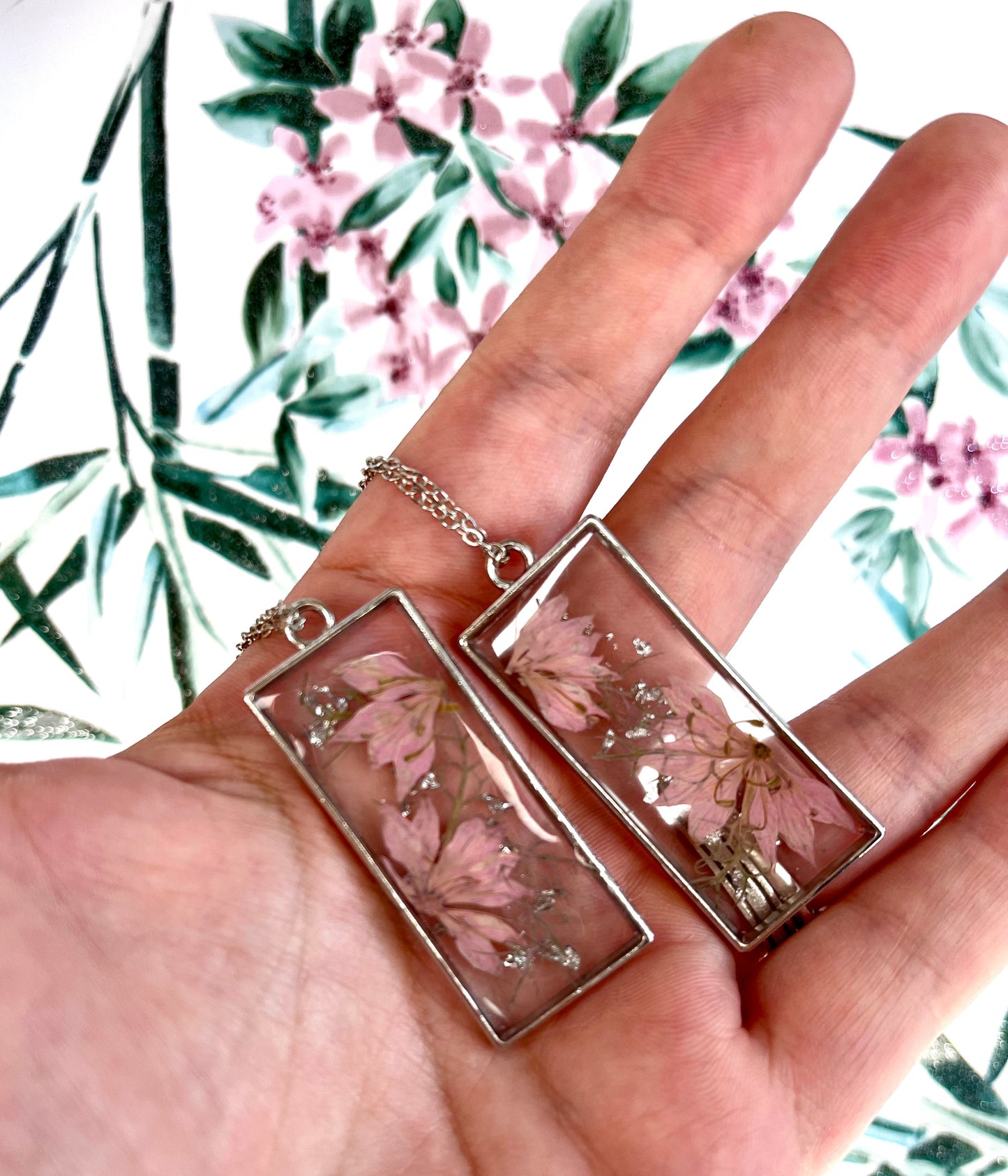 Handmade Pink Flower Rectangular Resin Pendant Necklace