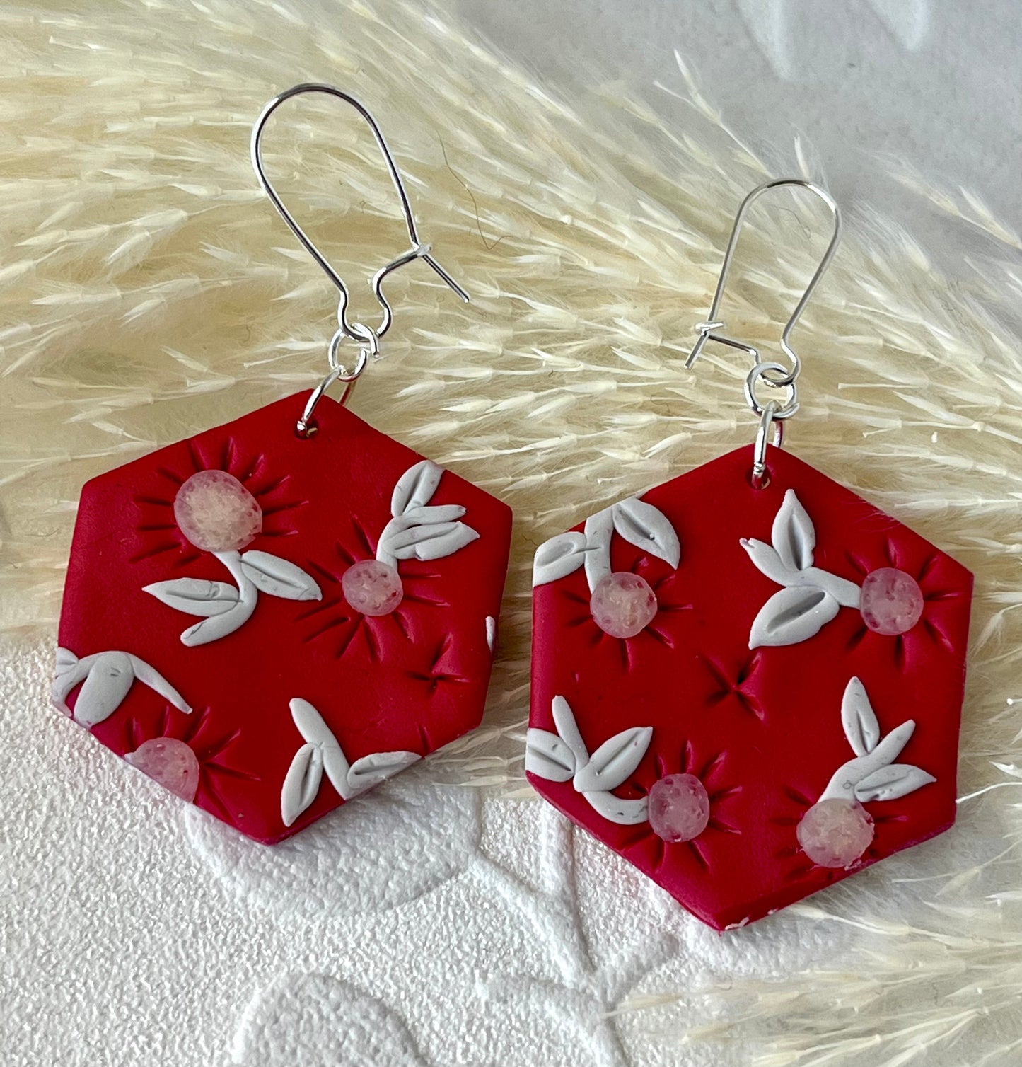 Red Flower Pattern Polymer Clay Earrings