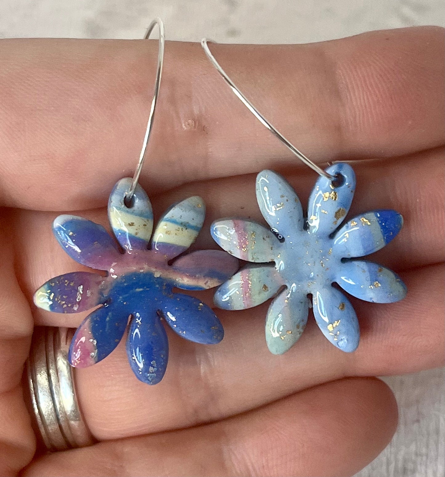 Blue Flower Polymer Clay Hoop Earrings
