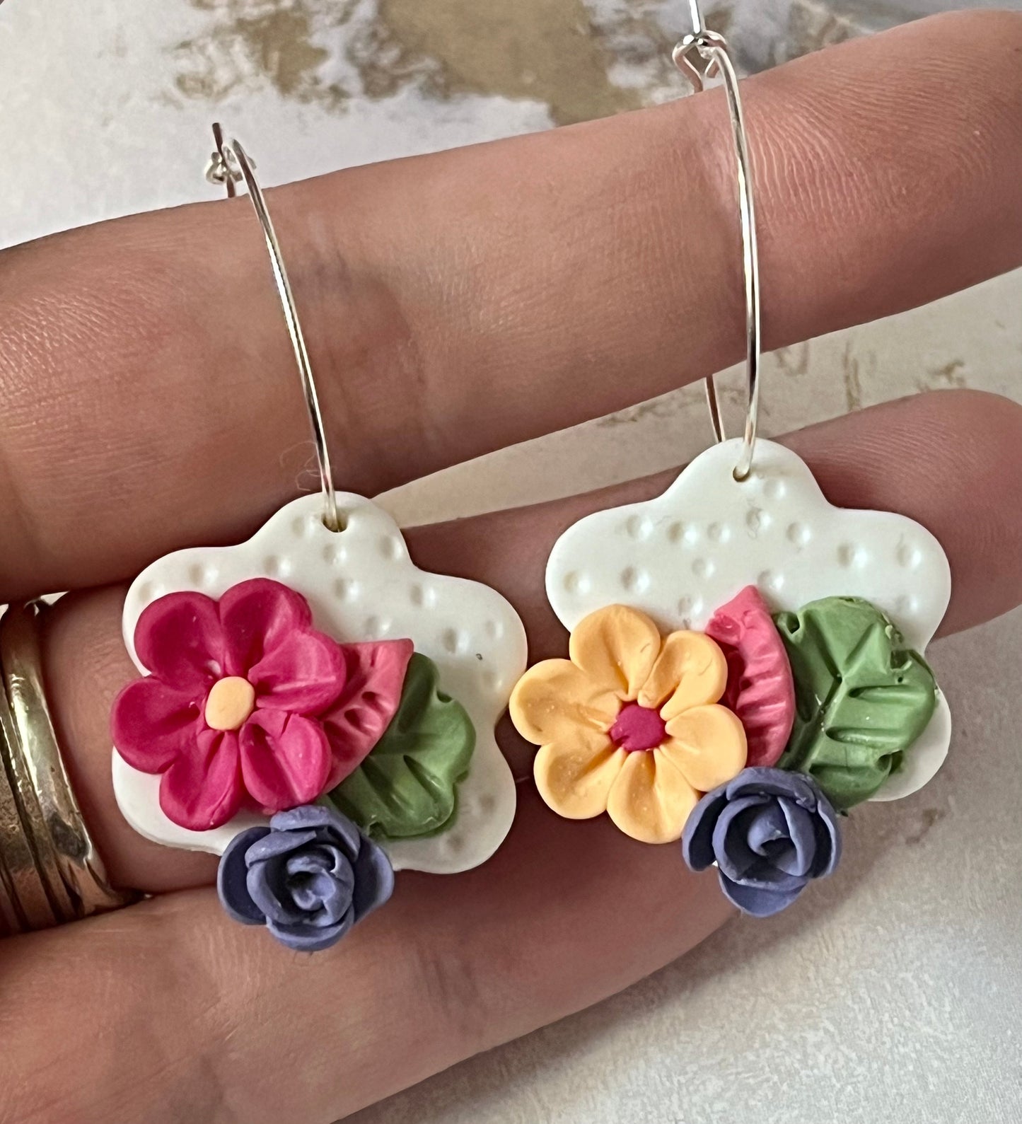 White Polymer Clay Multi Colour Flower Hoops