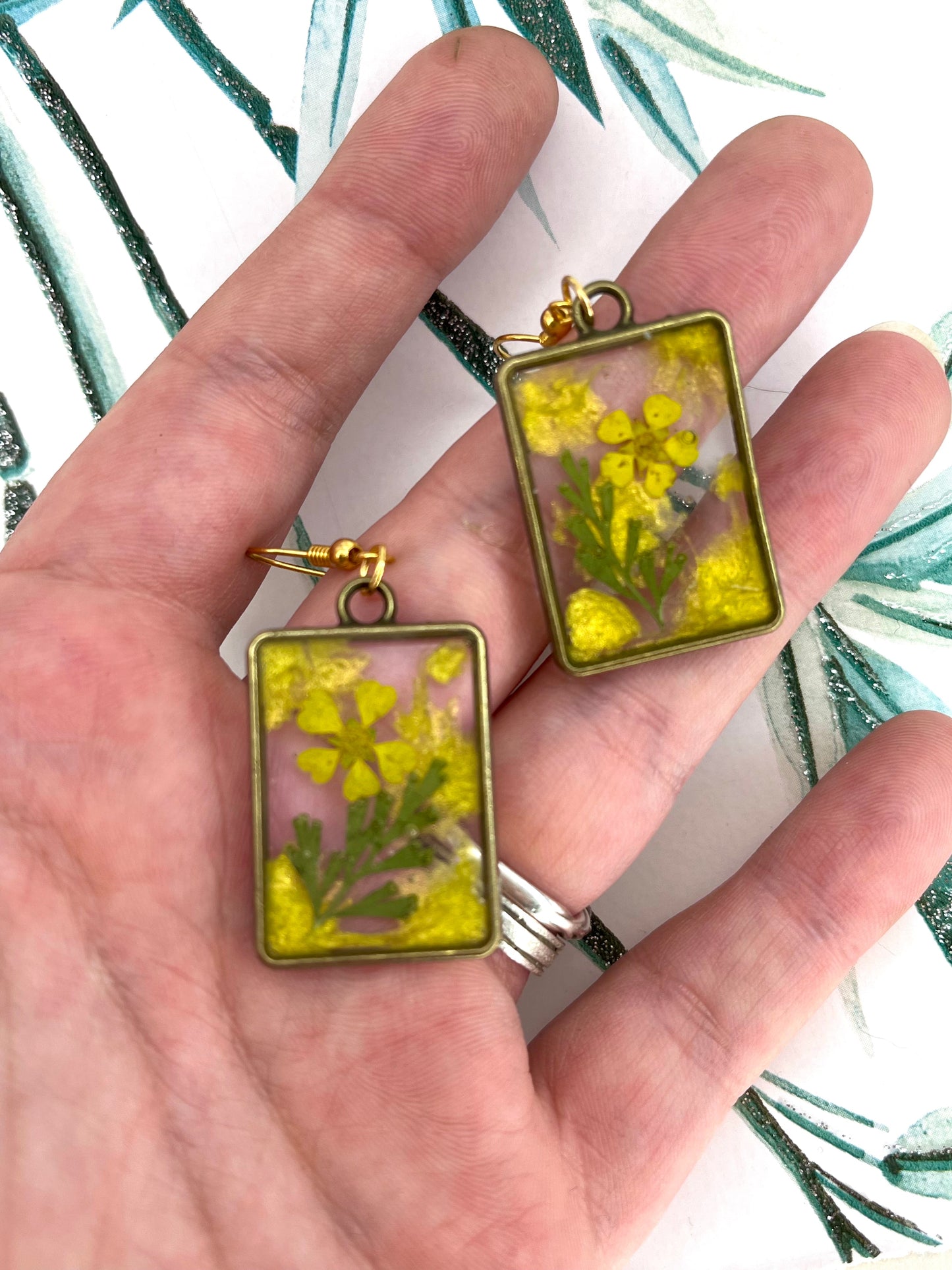 Handmade Yellow Flower Square Resin Earrings