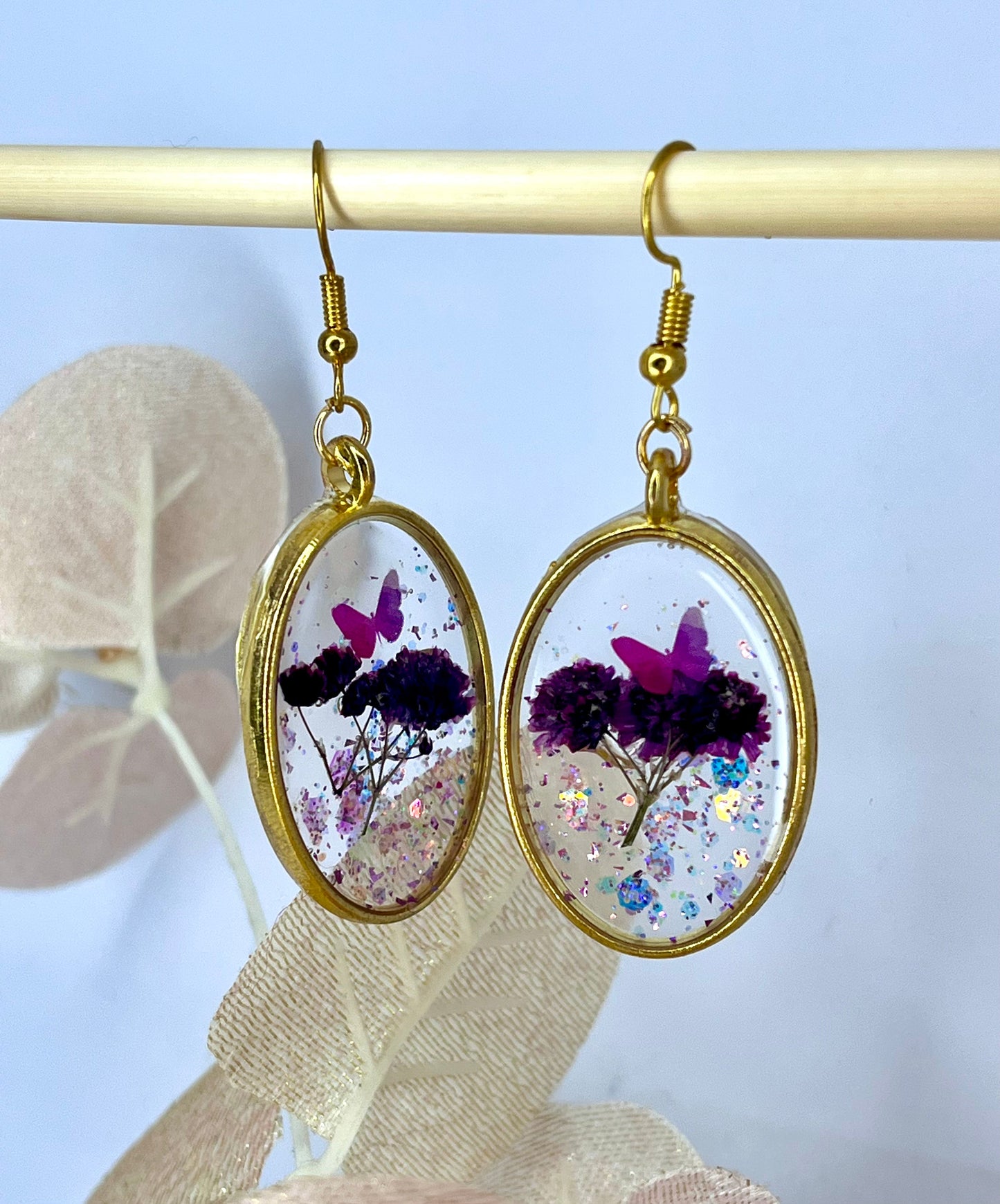 Handmade Purple Flower & Butterfly Oval Resin Dangle Drop Earrings