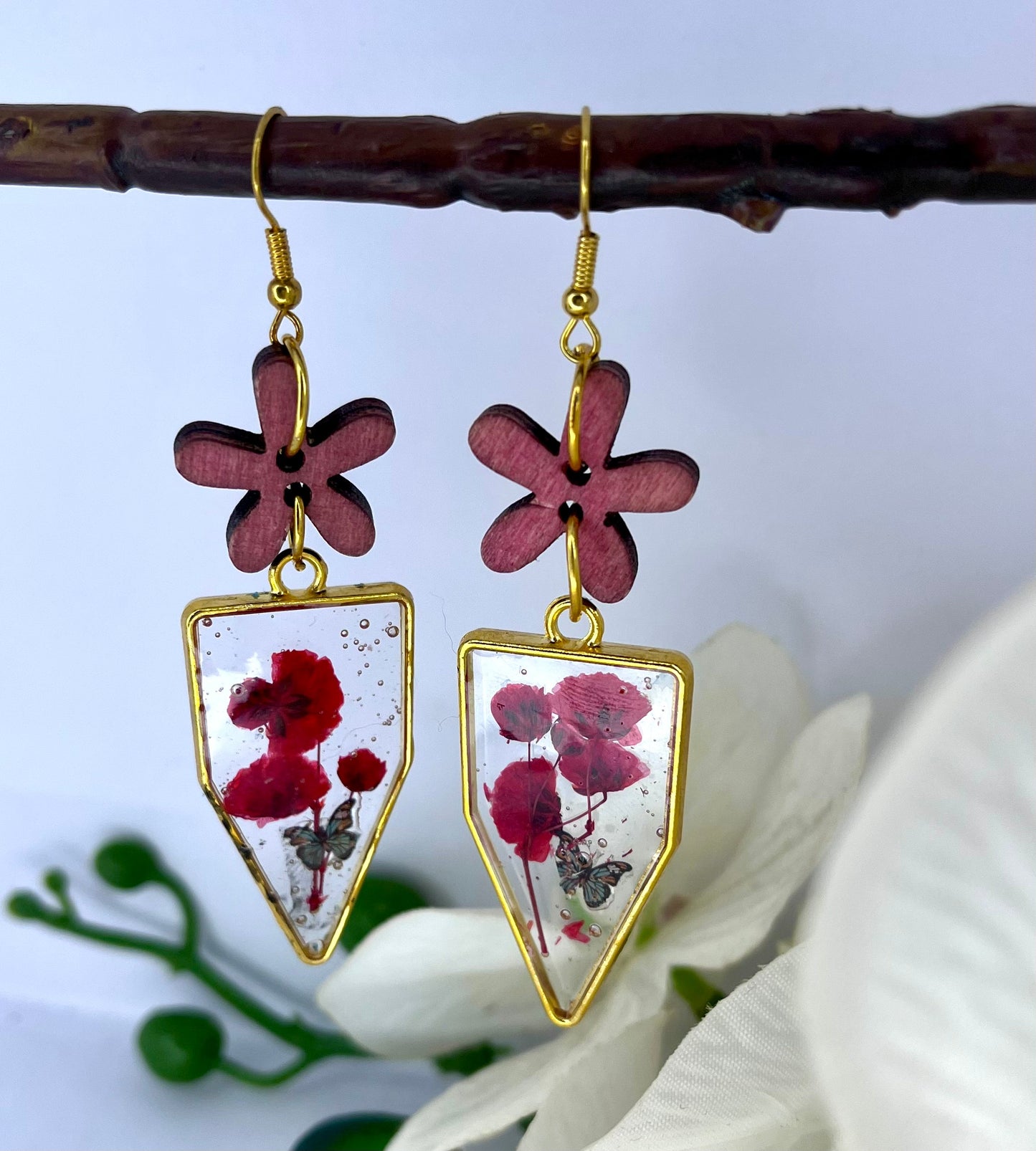 Handmade Red Flower Resin Dangle Drop Earrings